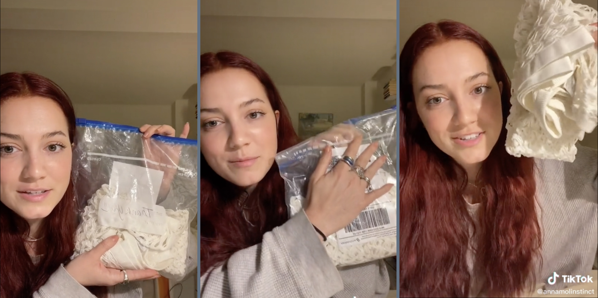 Woman holding up a gallon-size plastic bag with the words "thank you" written on it and a Poshmark shipping label attached.