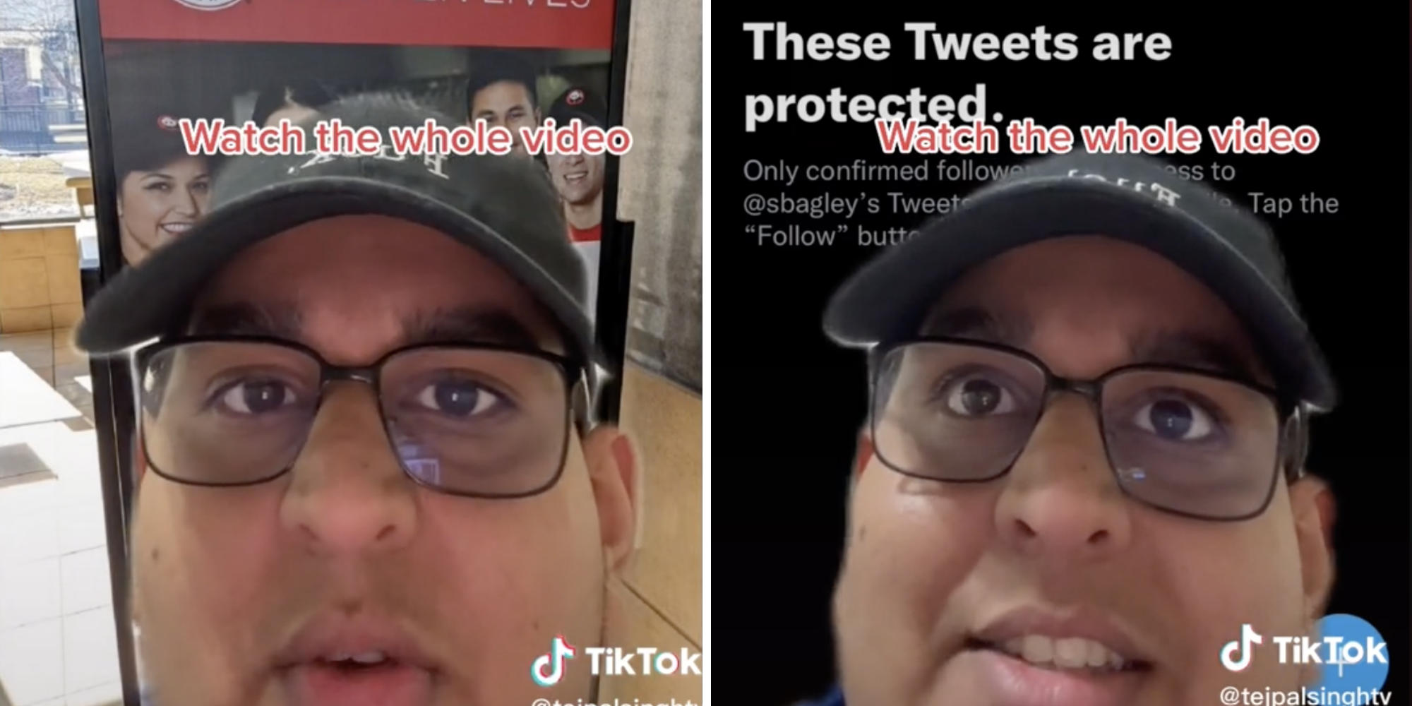 man commenting on a sign (l) man commenting on a twitter profile (r)