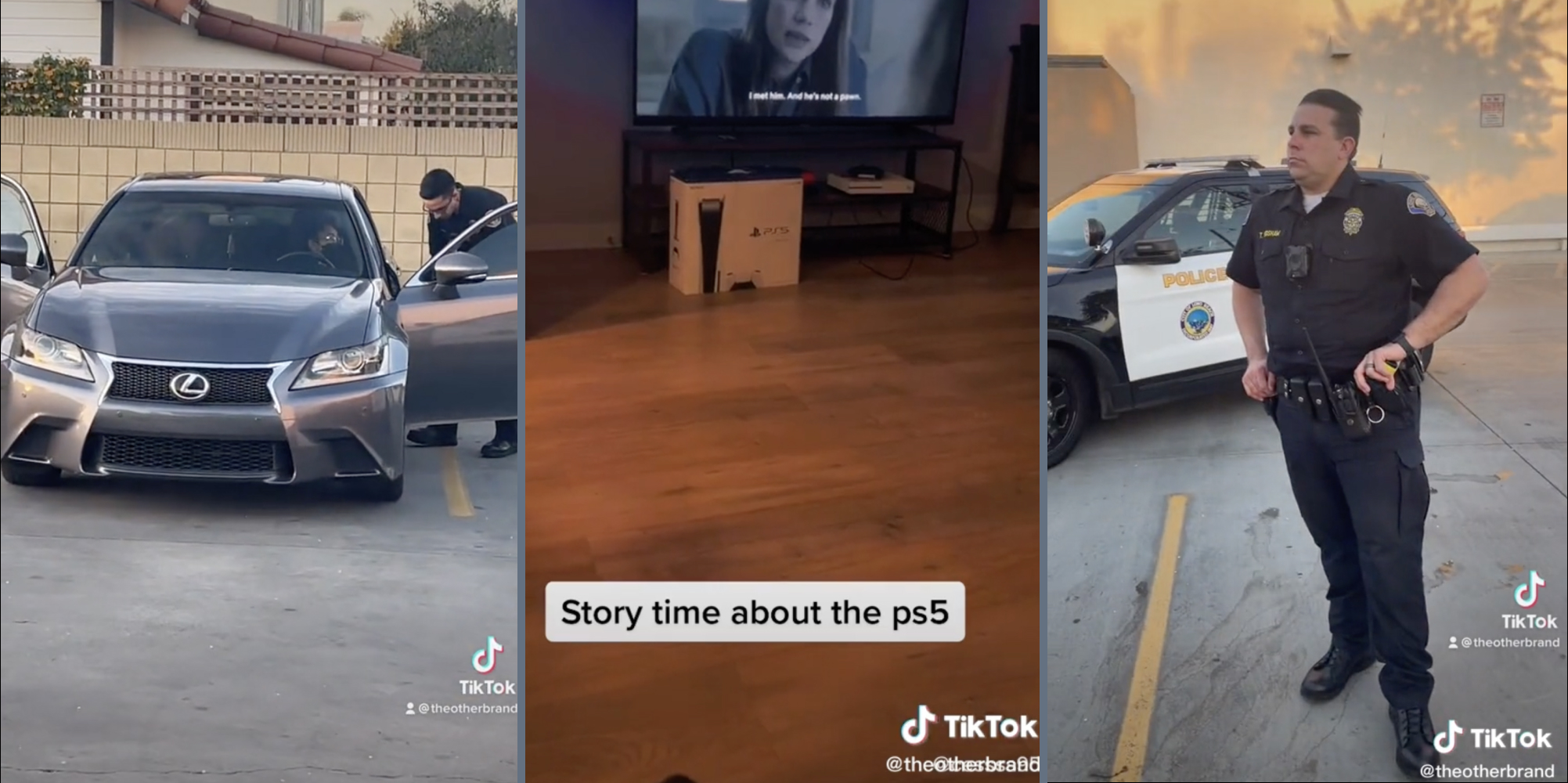 Cop talks to woman in car (L) PlayStation 5 (M) Cop (R)