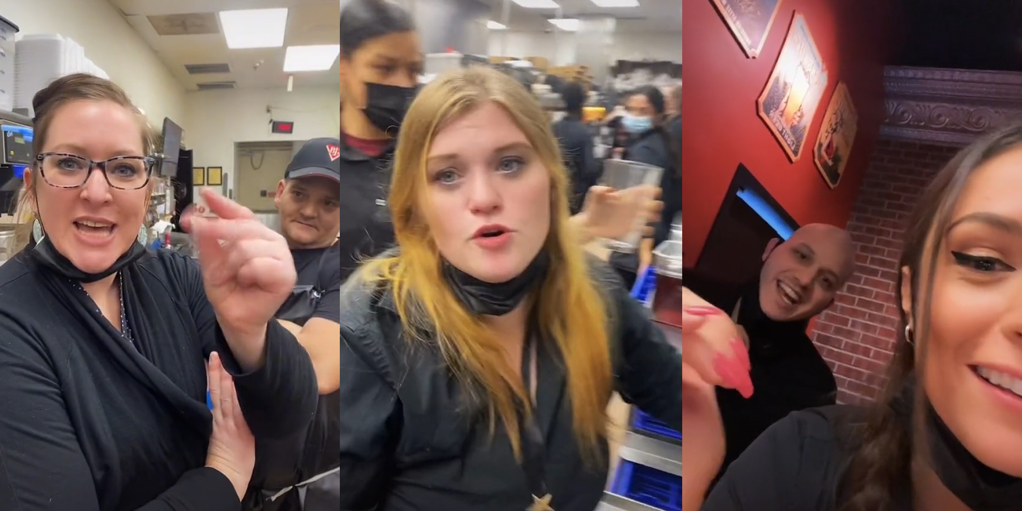 man watching woman snap her fingers (l) restaurant workers filling glasses (c) man speaking behind woman (r)