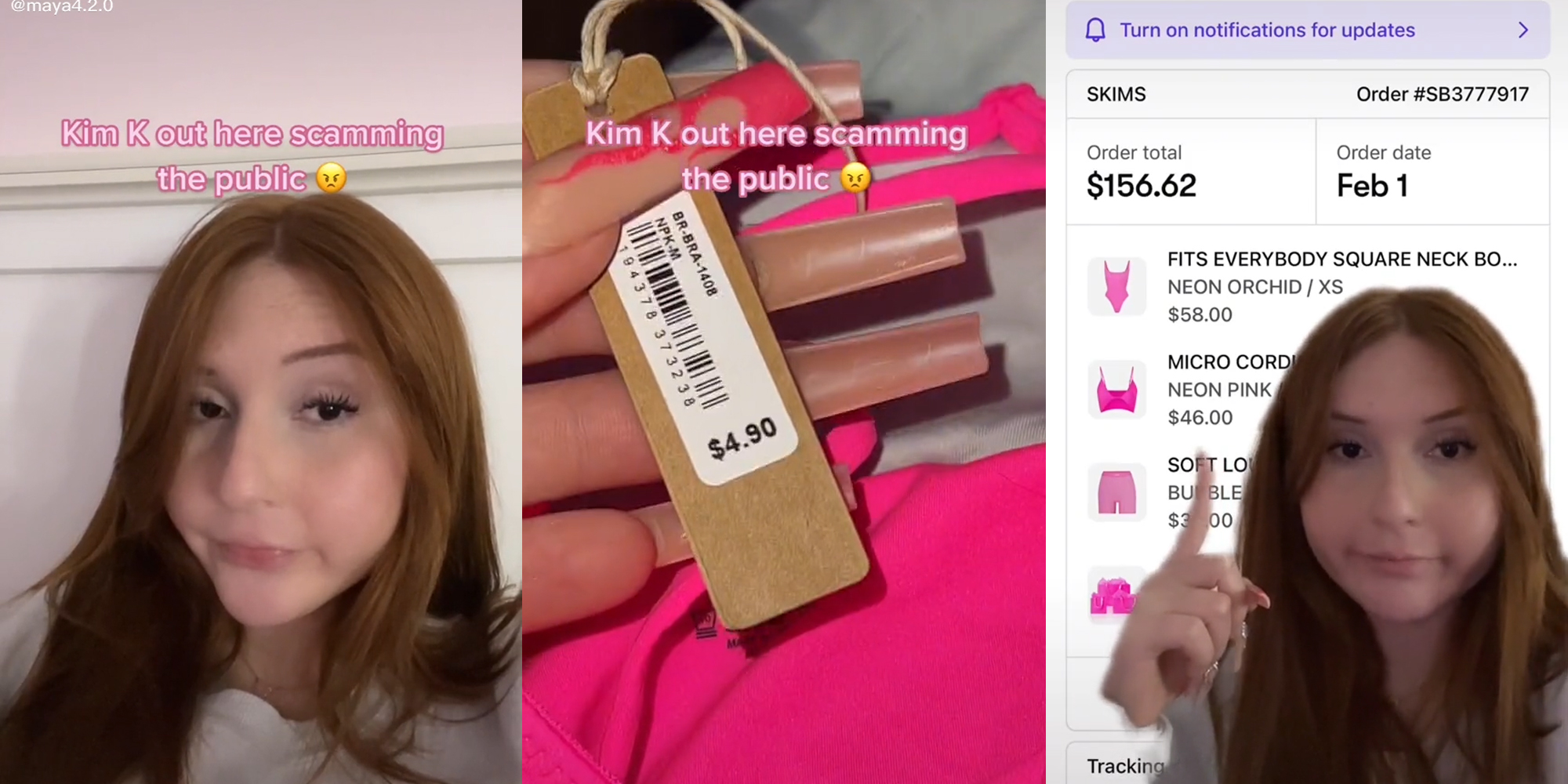 young woman with caption "kim k out here scamming the public" (l) hand holding tag that reads $4.90" (c) young woman pointing to $46.00 price (r)