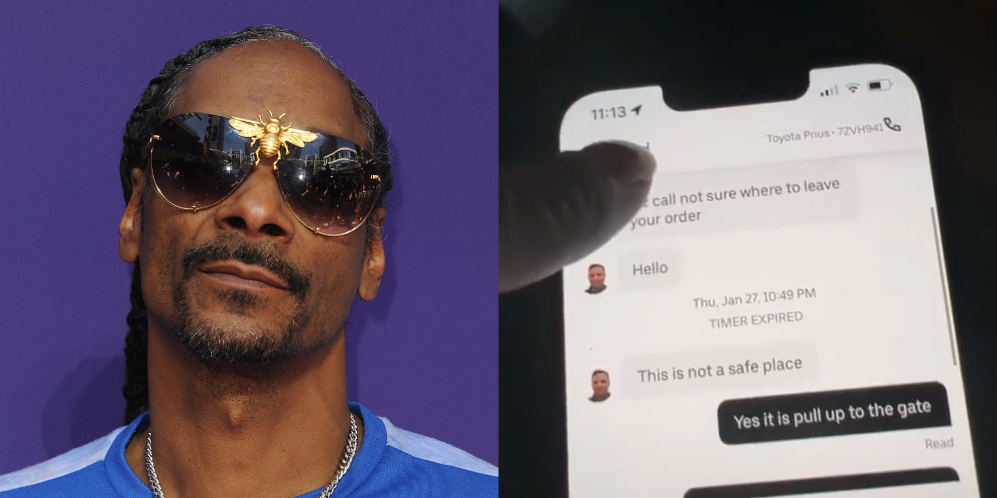 snoop dogg (l) uber eats messages (r)