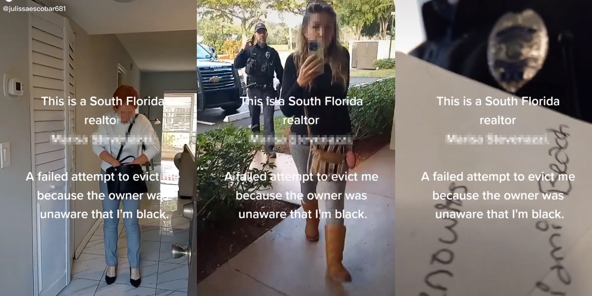 police escorting woman with caption "this is a south florida realtor - a failed attempt to evict because the owner was unaware that i'm black"