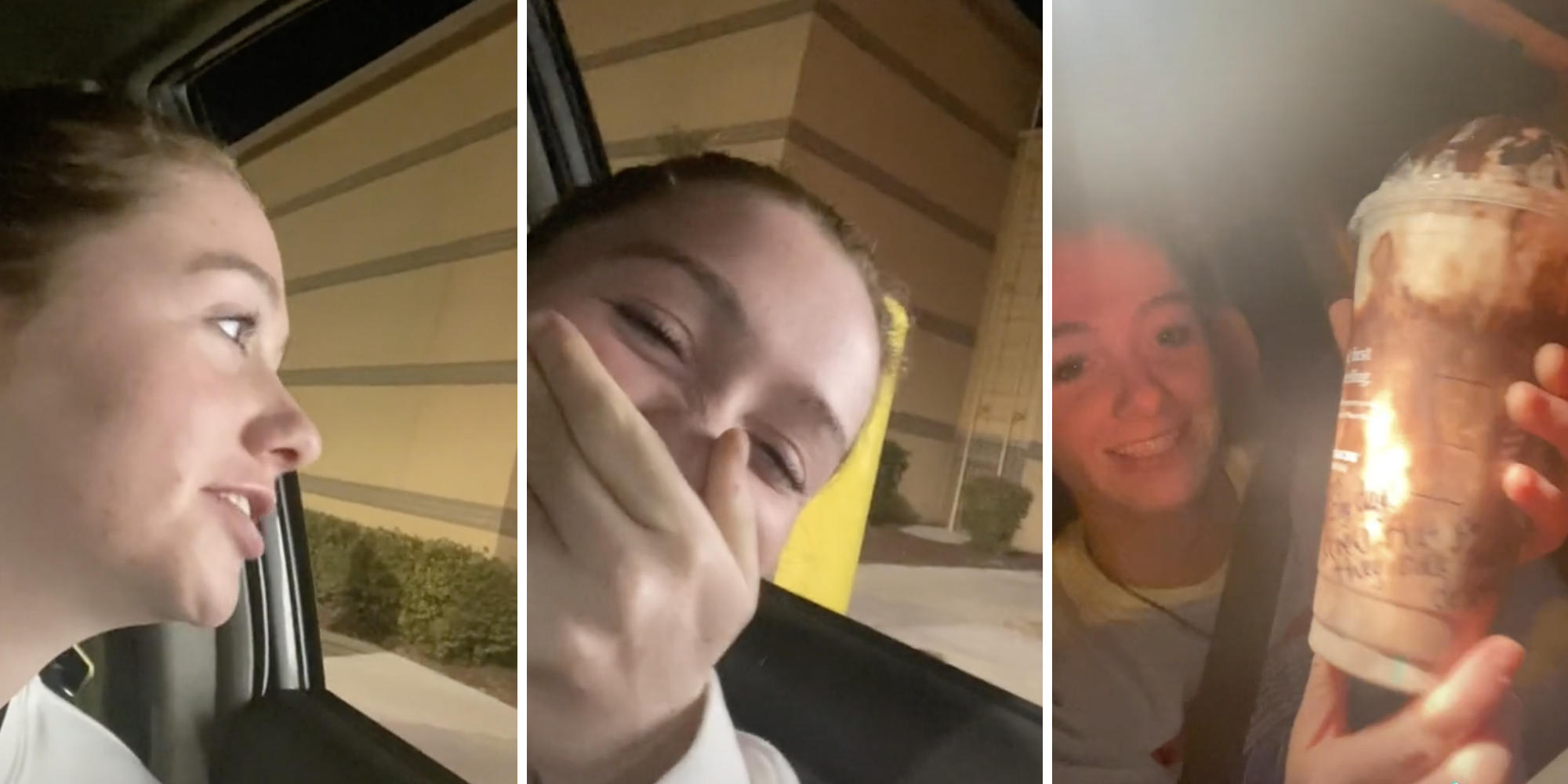 woman ordering a drink at starbucks (l) woman clasping hand over mouth (m) woman holding drink (r)