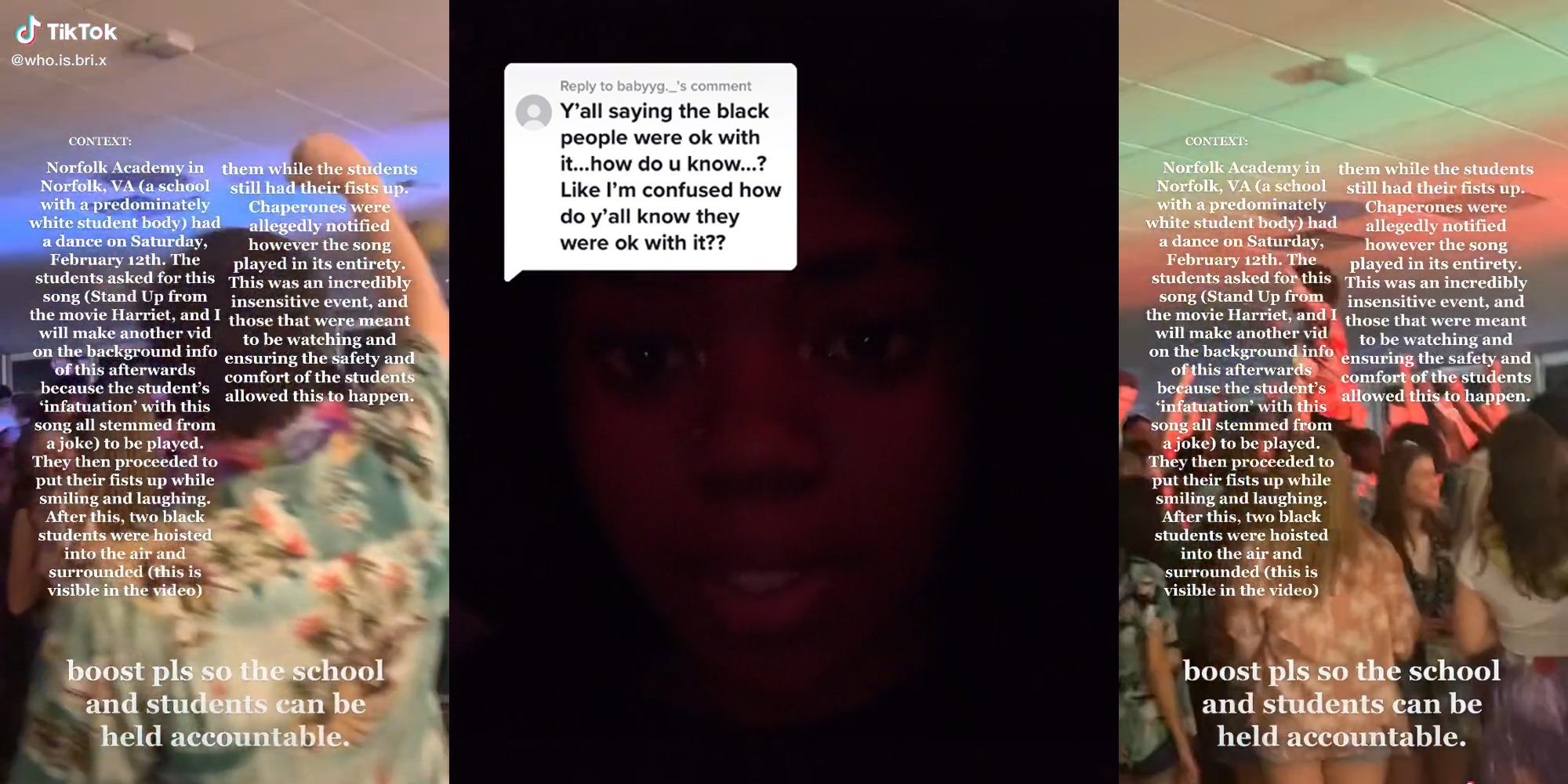 Students lift person at dance (l & r) young woman with caption "Y'all saying the black people were ok with it... how do u know? Like I'm confused how do y'all know they were ok with it??" (c)