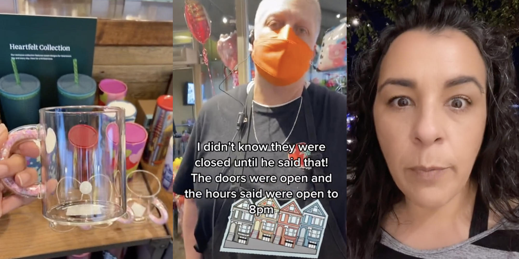 woman holding cup (l) store owner looking at camera (m) woman looking frazzled (r)