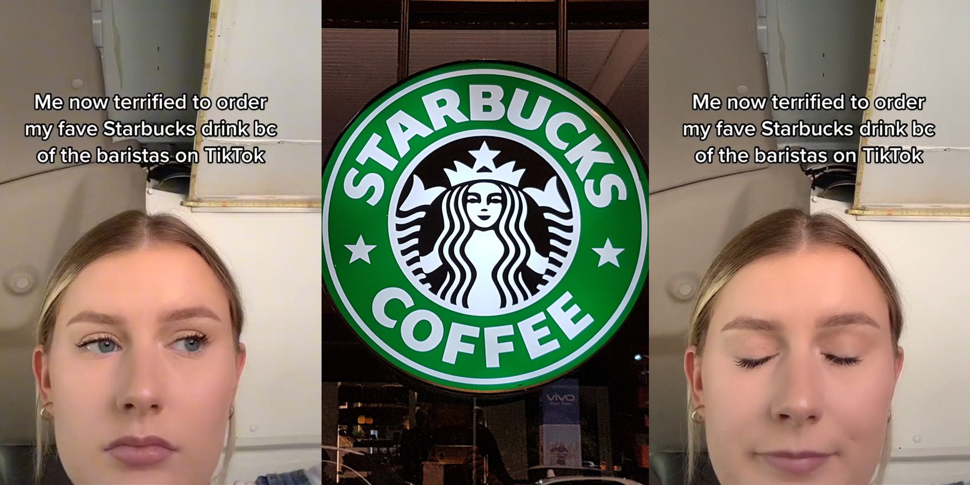 young woman with caption "me now terrified to order my fav Starbucks drive bc of the baristas on TikTok" (l & r) starbucks coffee sign (c)
