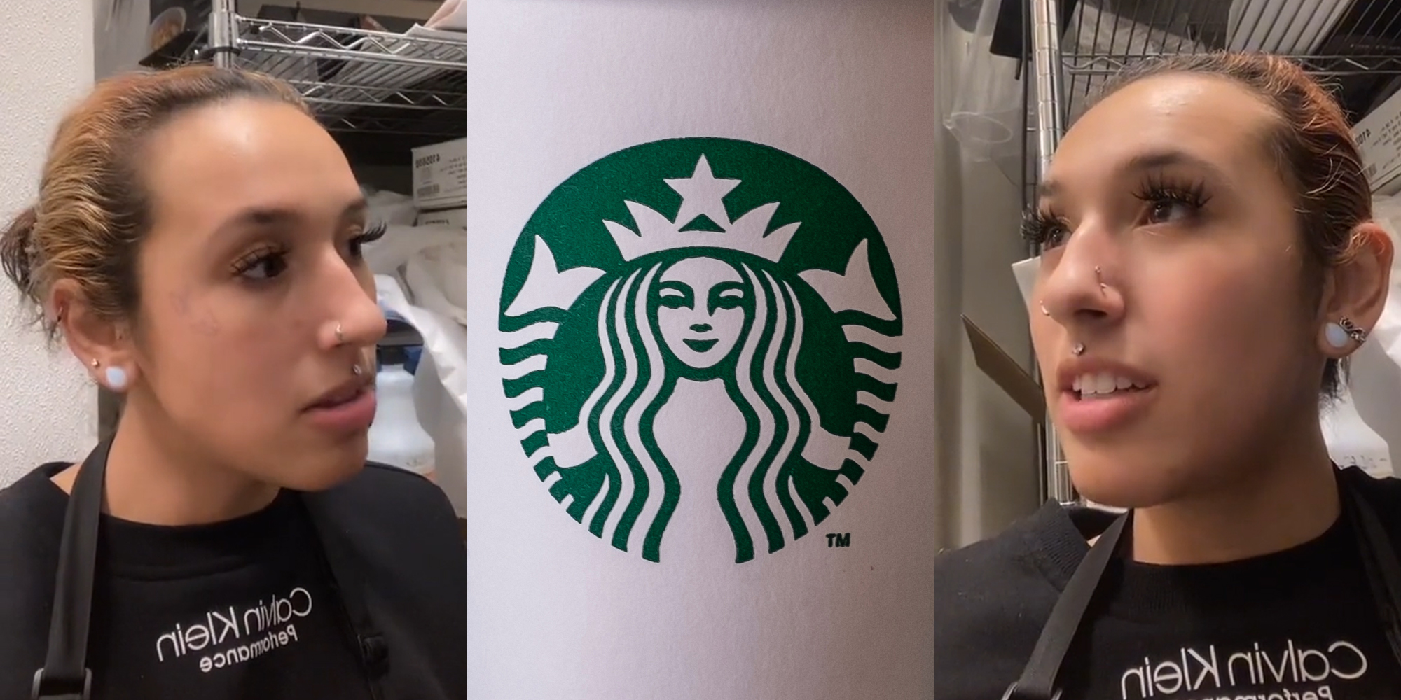 young woman in store room (l & r) starbucks cup (c)