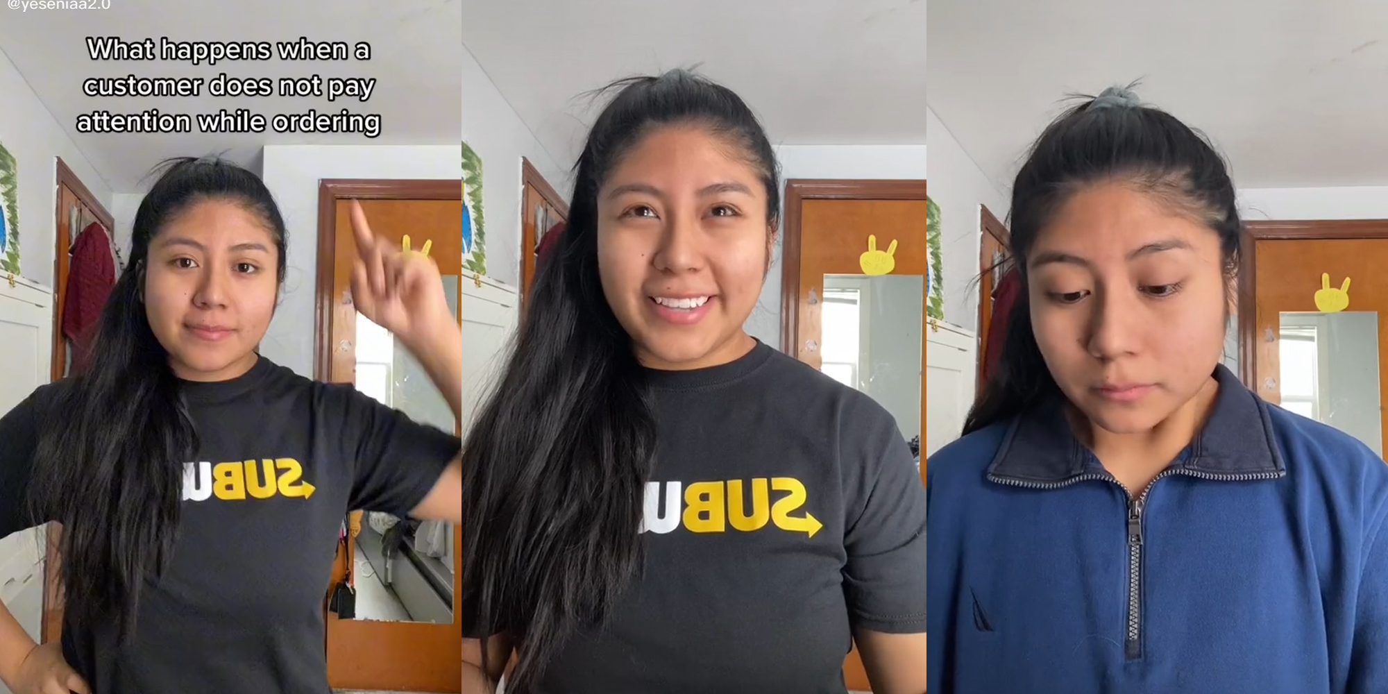 young woman in subway shirt with caption "what happens when a customer does not pay attention while ordering" (l & c) young woman in different shirt (r)