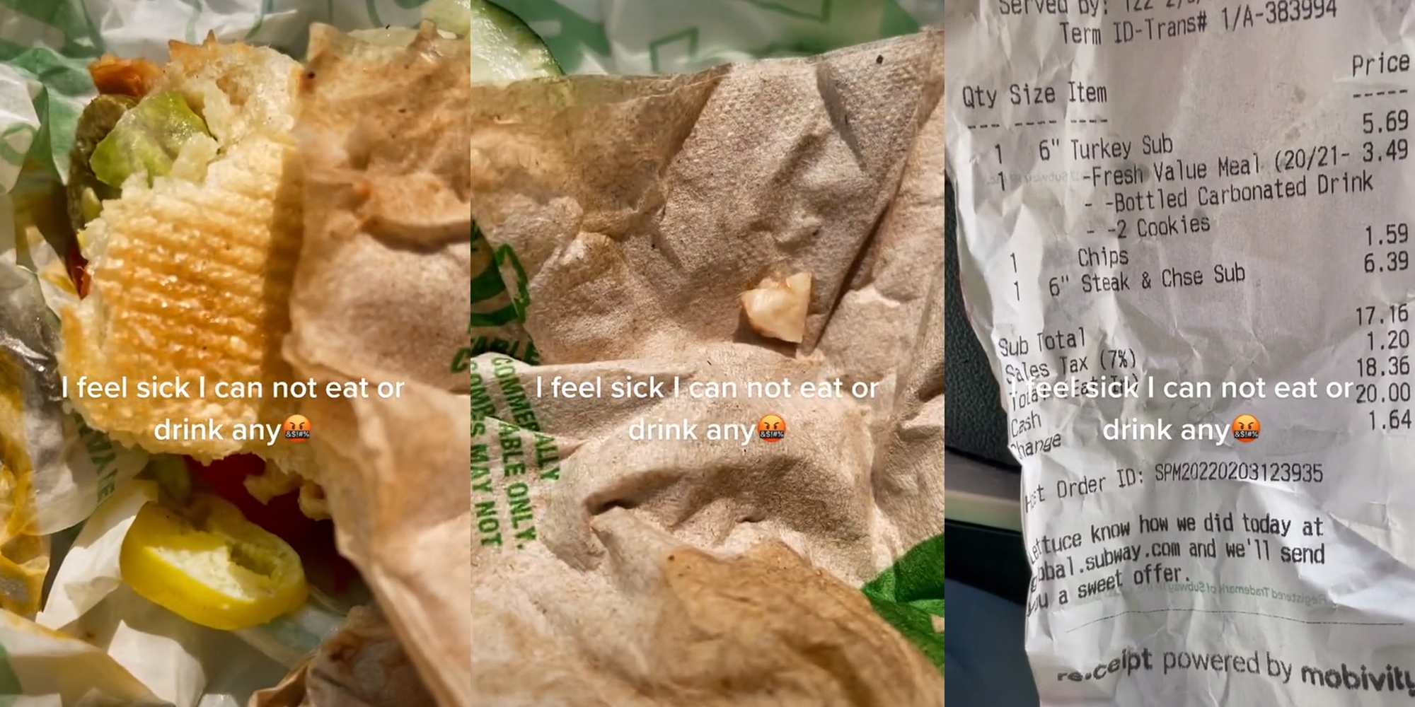 subway sandwich with unidentified object and receipt with caption "i feel sick i can not eat or drink any"