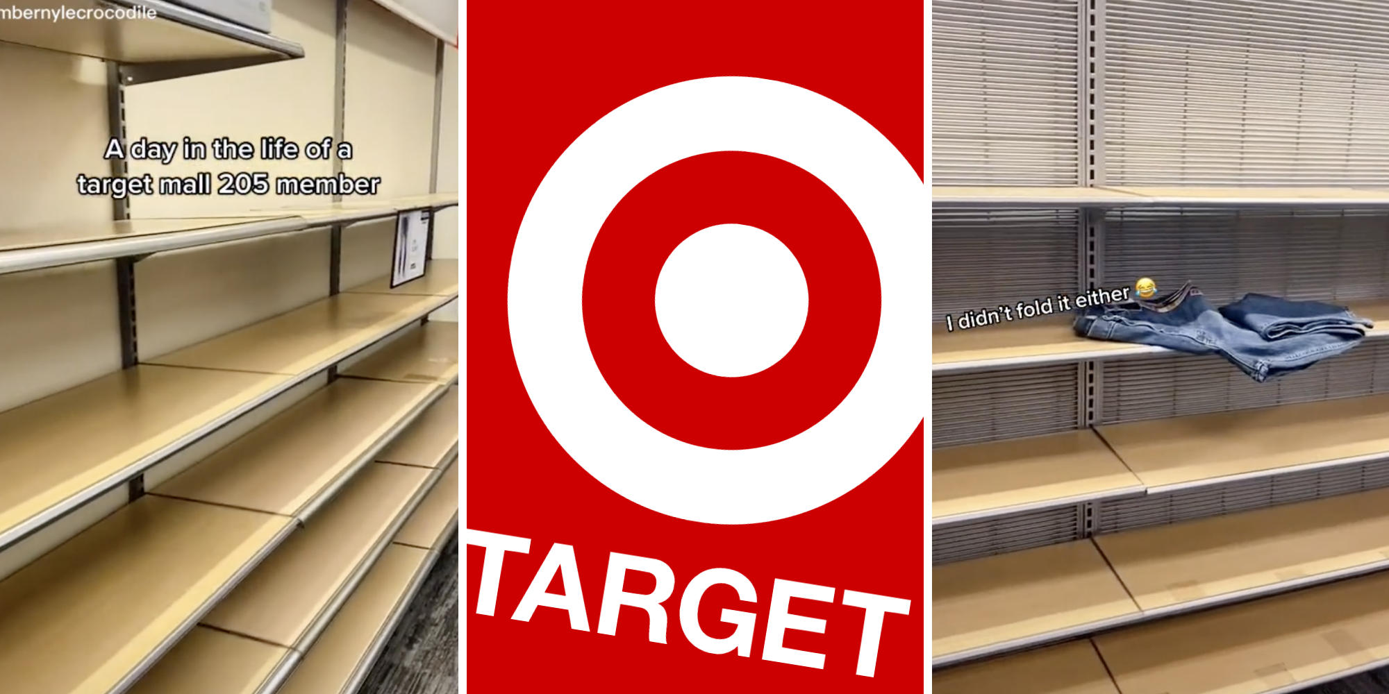 a pair of shorts (l) an entirely empty store shelf (m) a single pair of pants on a store shelf (r)