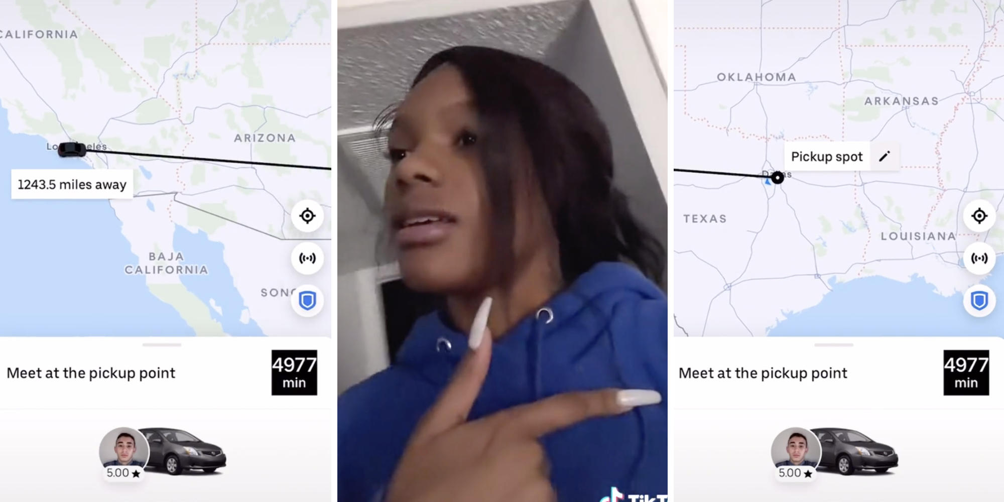 map of united states (l) (r) woman looking confused, pointing to the right (m)