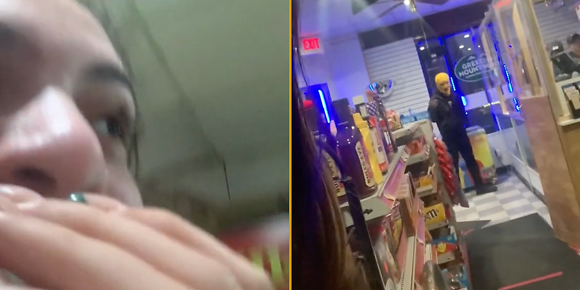 A woman laughing (L) and a person in a ski mask (R).