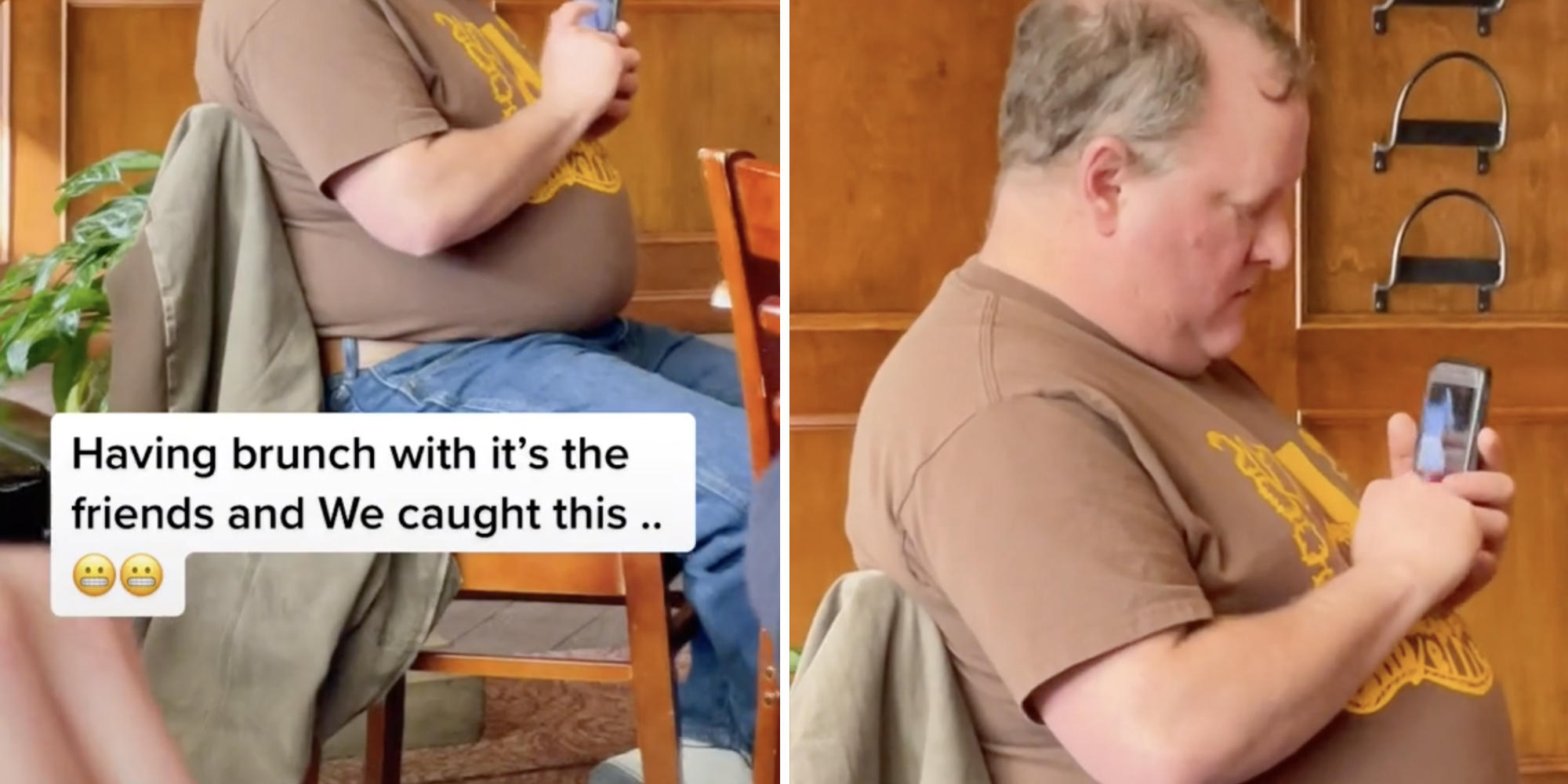 person filming a man sitting in a chair (l) the man is filming a woman's butt with his phone (r)