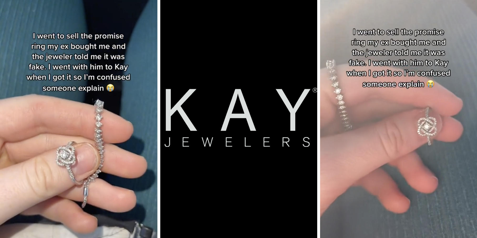 woman holding ring (l) (r) kay jewelers logo (m)