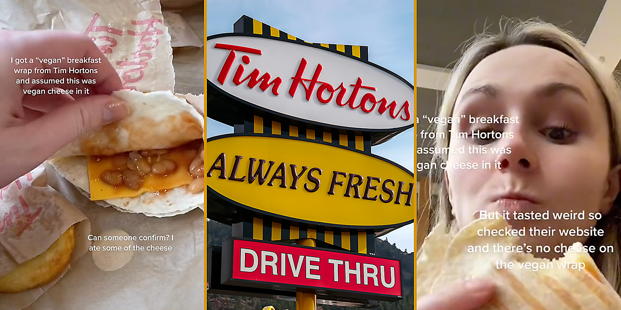 A breakfast sandwich (L), a sign (C), and a girl (R).