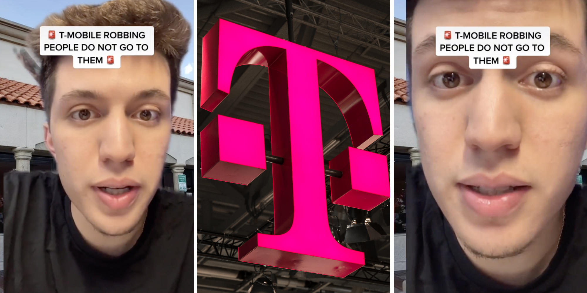 man looking shocked at camera (l) (r) T-mobile logo (m)