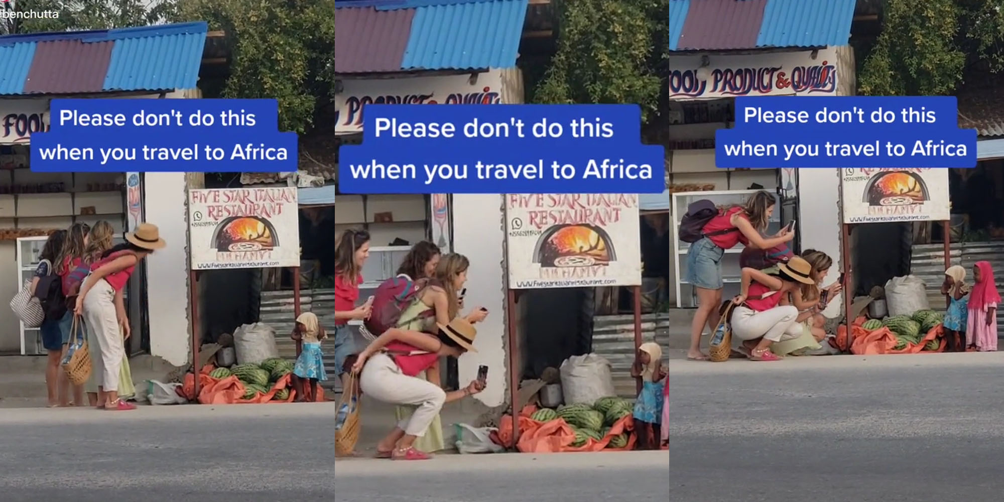 group of female tourists looking at two African children caption " Please don't do this when you travel to Africa (l) group of female tourists squatting down to photograph the African children caption " Please don't do this when you travel to Africa" (c) group female tourists taking photos of two African children caption " Please don't do this when you travel to Africa" (r)