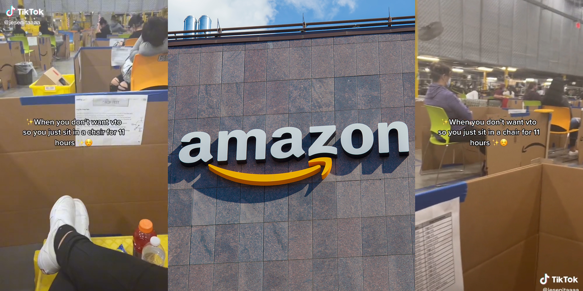 person with feet up in cardboard cubicle with caption "When you don't want to vto so you just sit in a chair for 11 hours" (l&r) amazon sign (c)