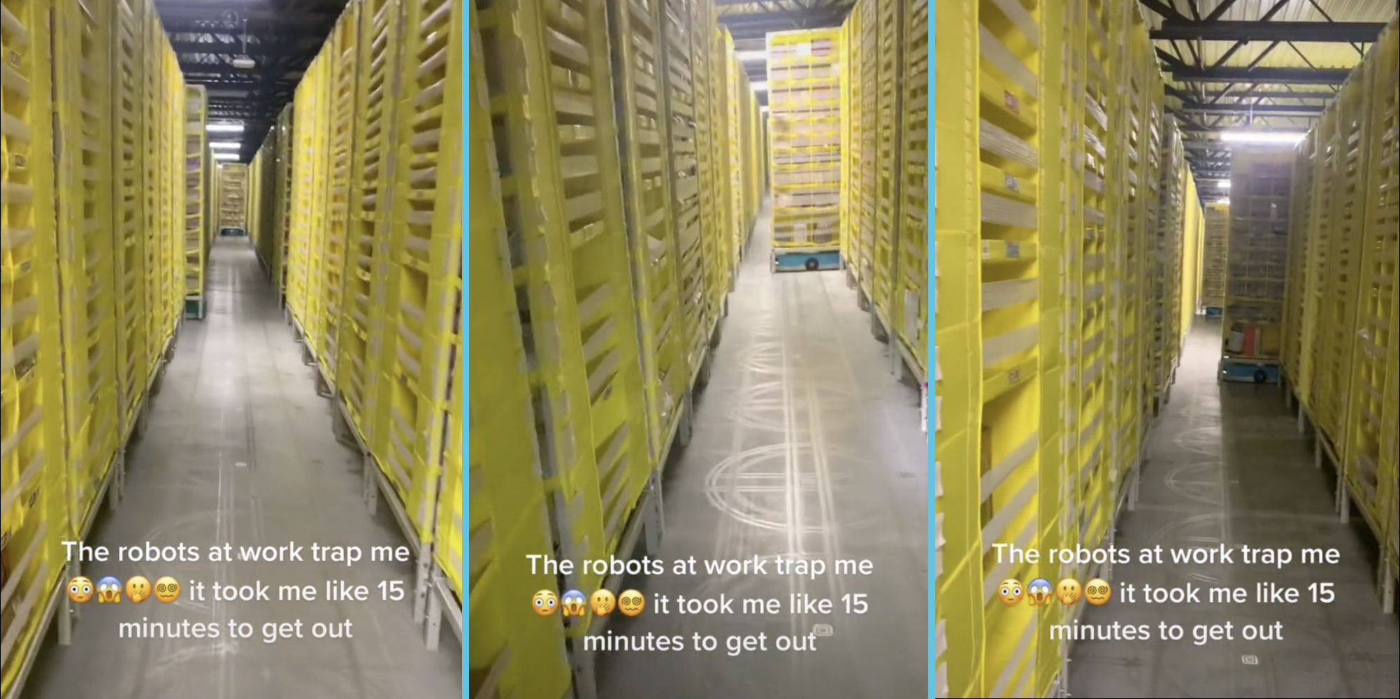 "The robots at work trap me [emojis] it took me 15 minutes to get out" featuring Amazon robot pod shelves