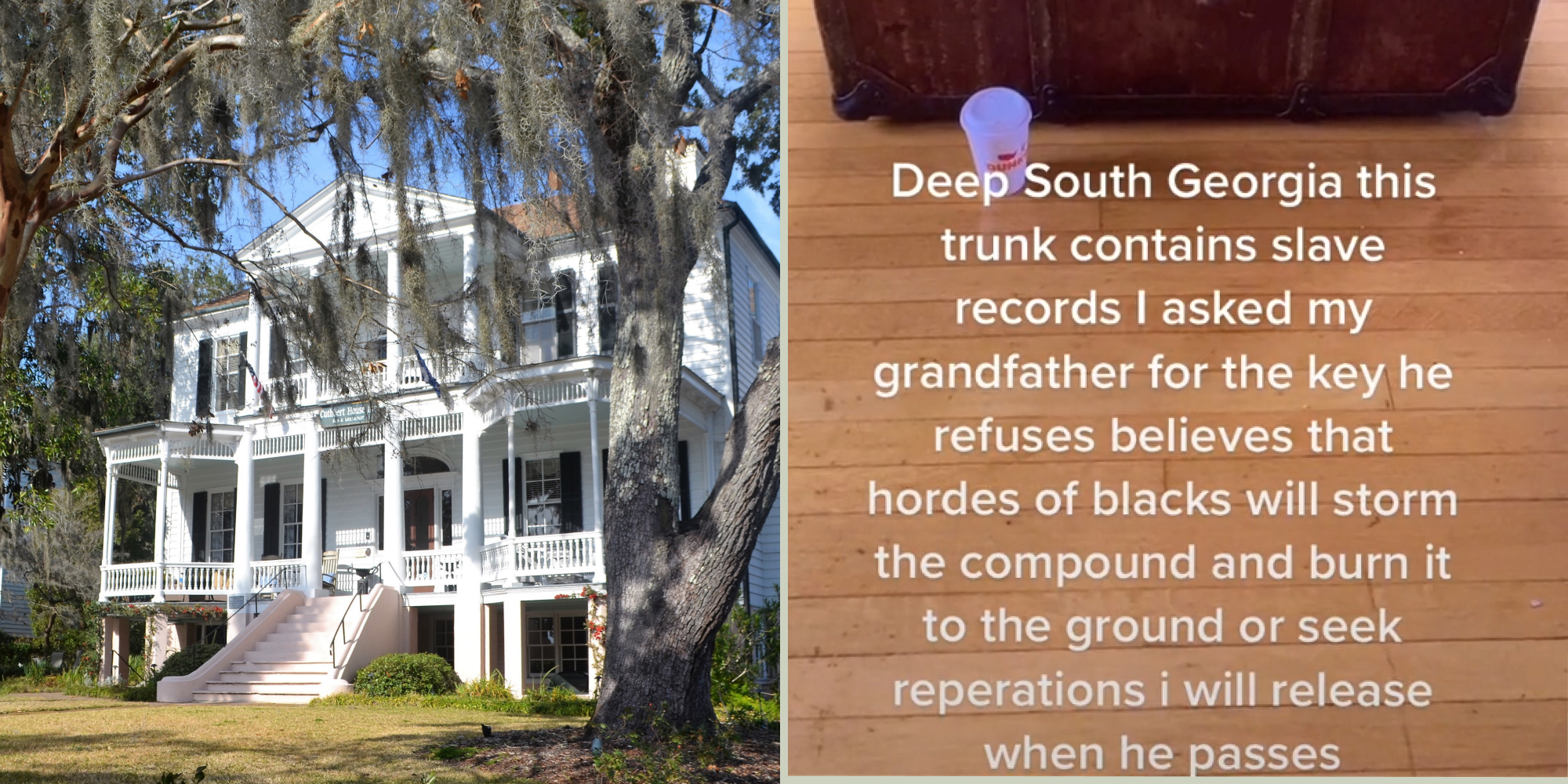 Southern home (l) vintage trunk with caption "Deep South Georgia this trunk contains slave records I asked my grandfather for the key he refuses he believes that hordes of blacks will storm the compound and burn it to the ground or seek reoperations i will release when he passes" (r)