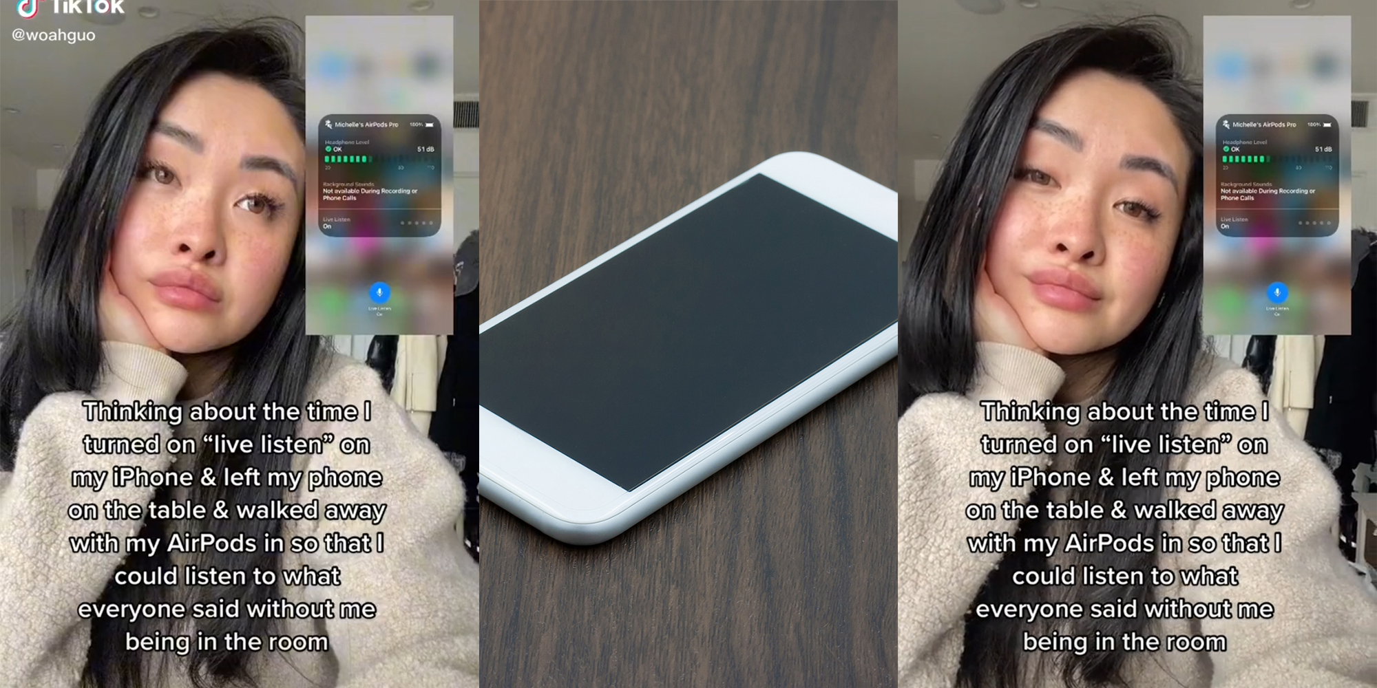 young woman with caption "Thinking about the time I turned on 'live listen' on my iPhone & left my phone on the table & walked away with my AirPods in so that I could listen to what everyone said without me being in the room" (l&r) apple phone on table (c)