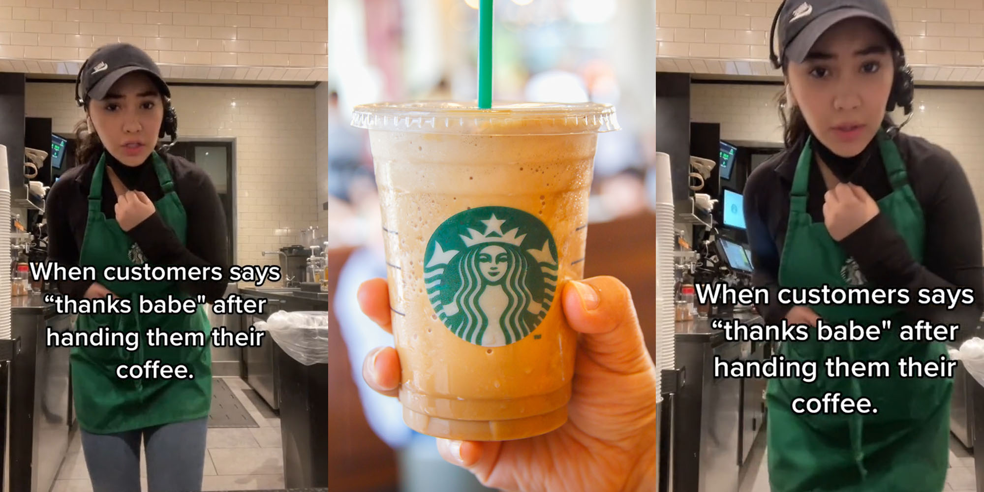 Starbucks barista caption " When customers says "thanks babe" after handing them their coffee." (l) Starbucks shutterstock photo (c) Starbucks barista caption " When customers says "thanks babe" after handing them their coffee." (r)