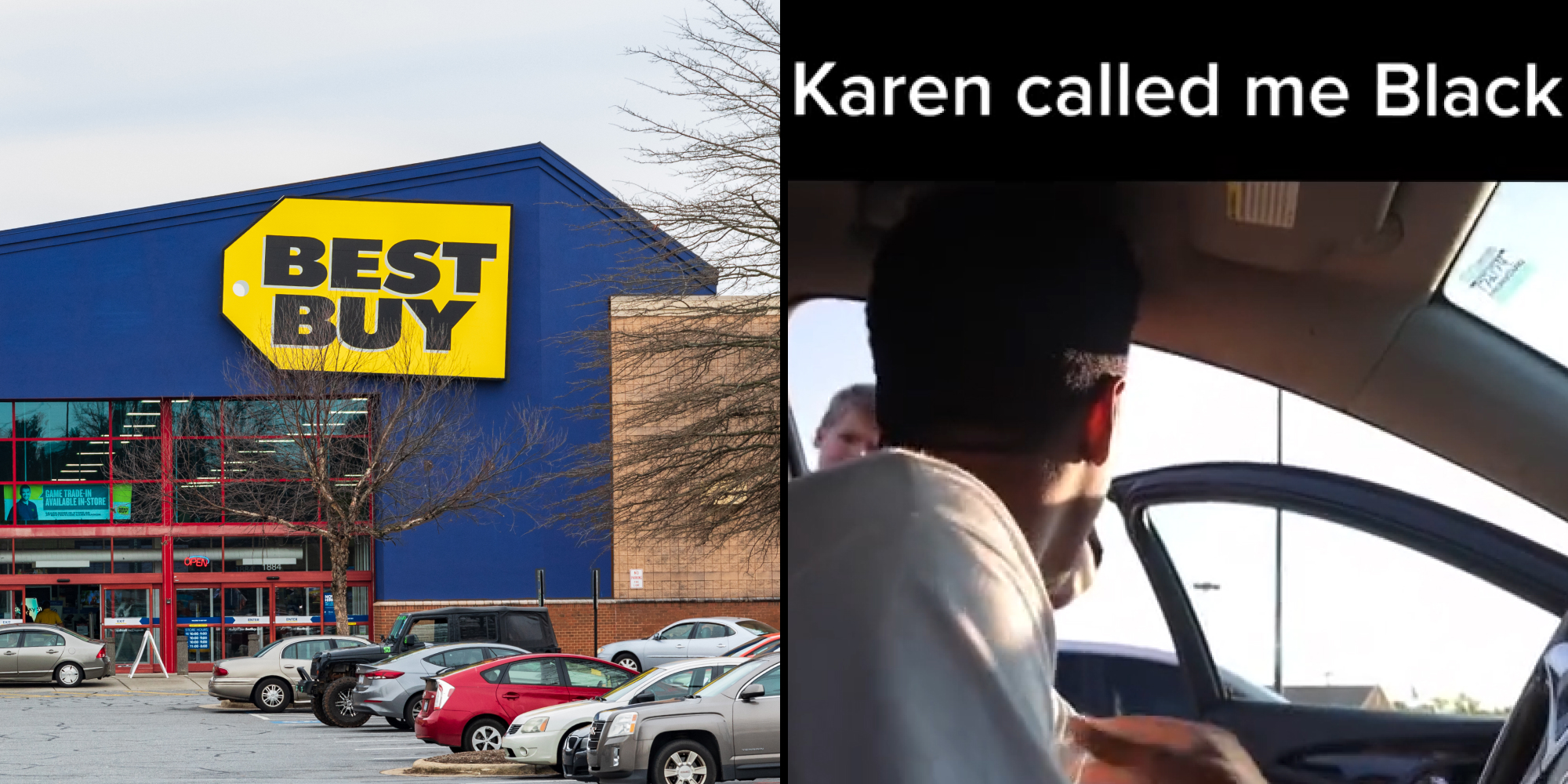 Best Buy parking lot (l) Man in car with door open woman's face next to open car door caption "Karen called me Black" (r)