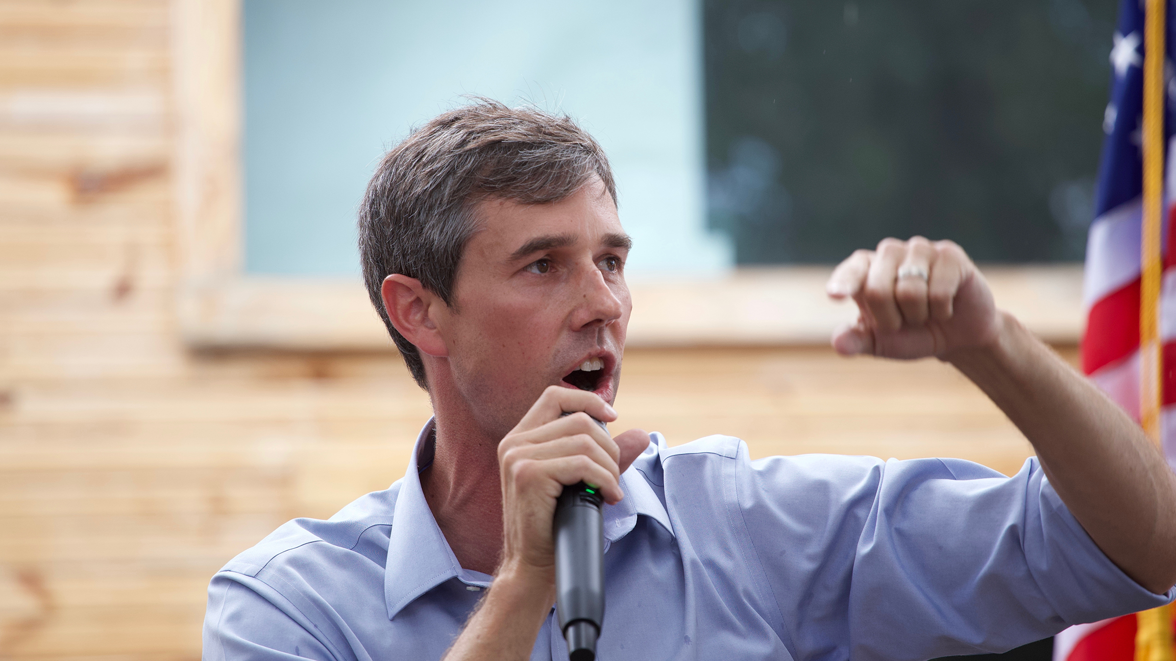 Beto O'Rourke giving a speech, part of his attempt to visit every county in Texas.