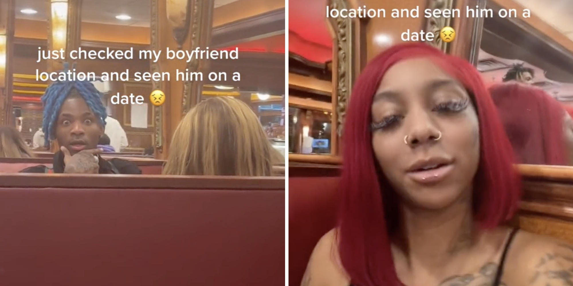 man at a diner looking shocked (l) woman smiling into camera (r)