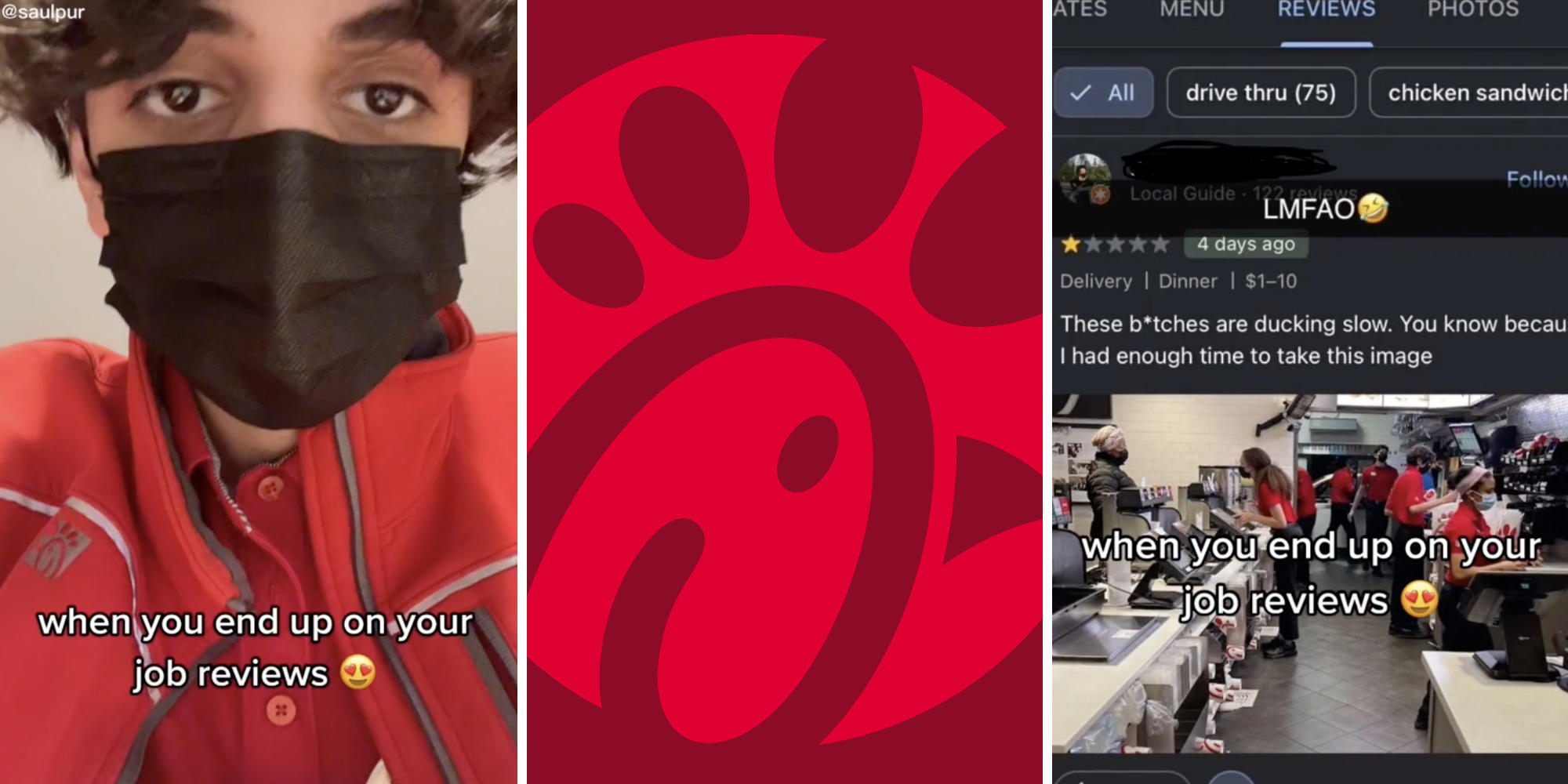 tired chik-fil-a worker (l) chik-fil-a logo (m) screenshot of phone review ®