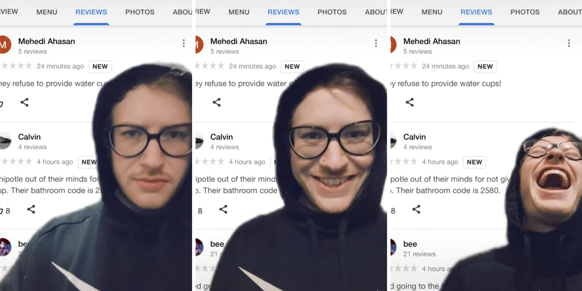 man laughing at chipotle menu