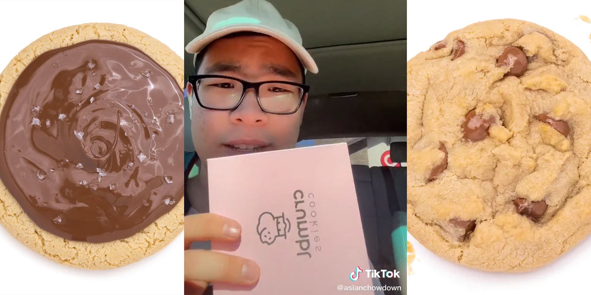 man holding crumbl box over cookie background