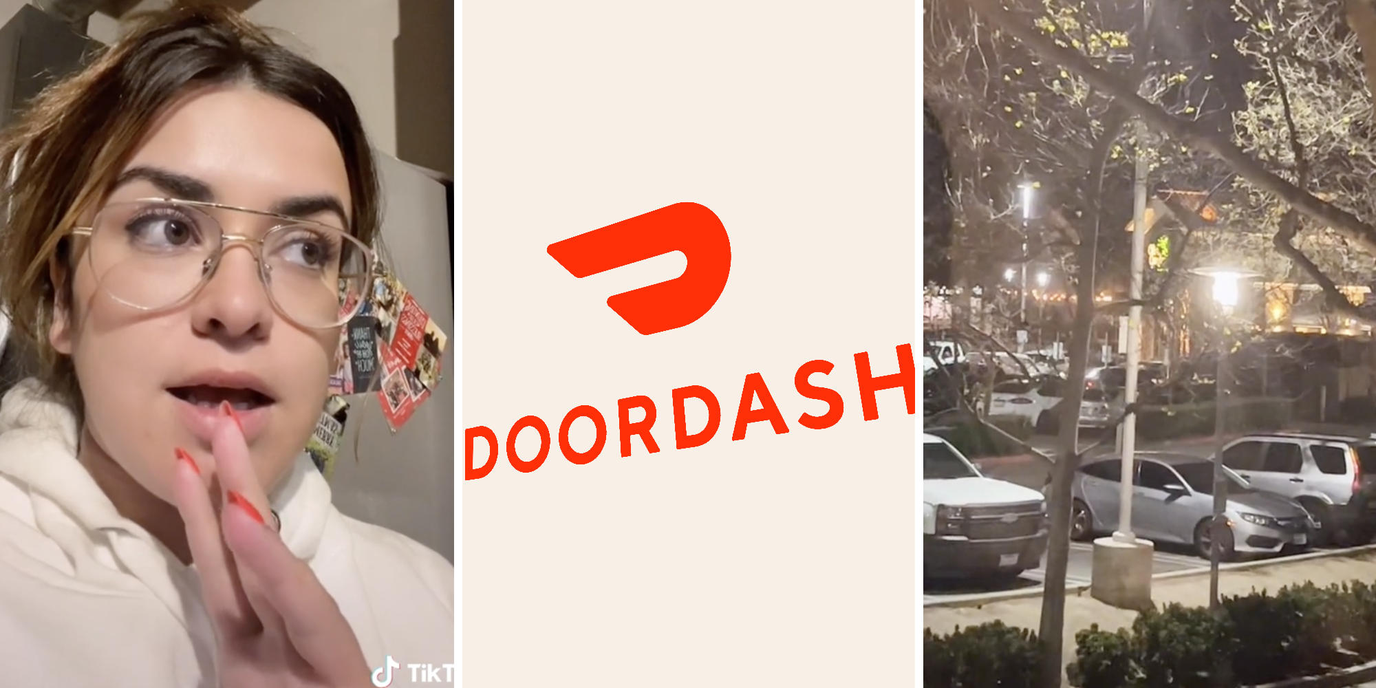 woman looking apologetic (l) doordash logo (m) olive garden across the street (r)