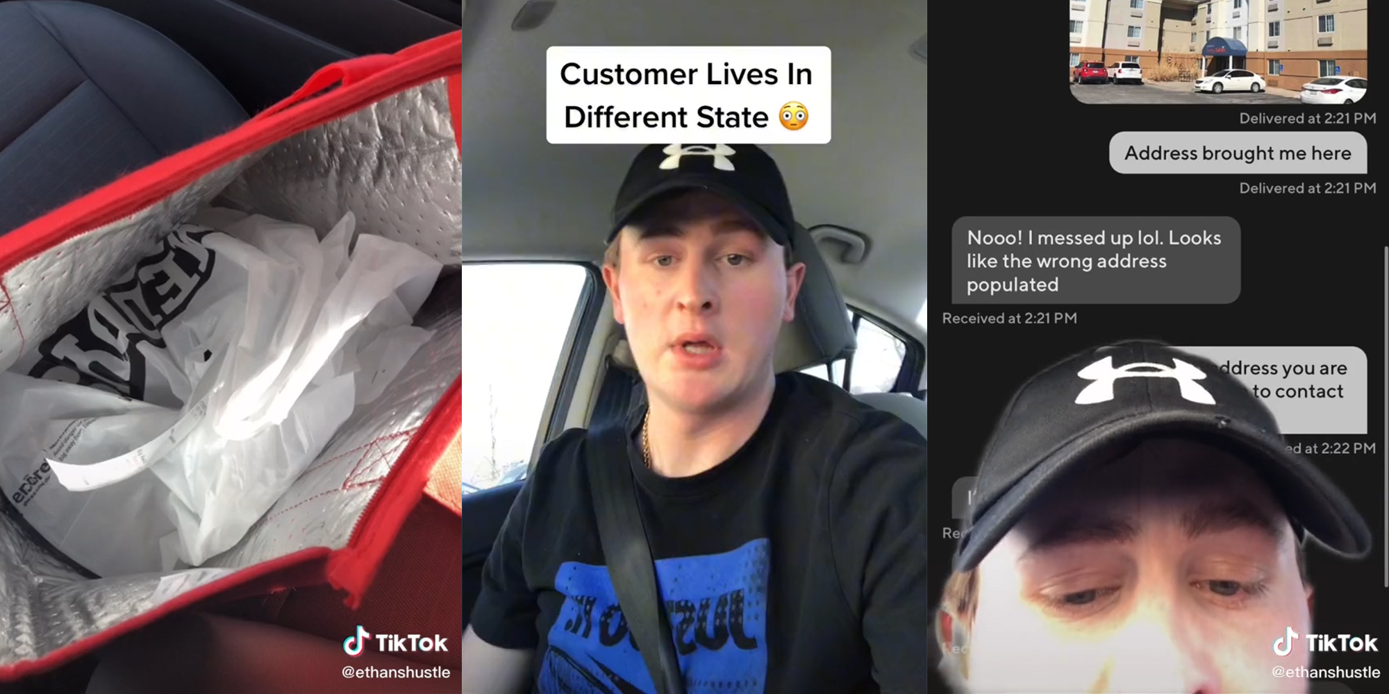 contents of bag (l) man in car with caption "customer lives in different state" (c) same man with background of text messages (r)