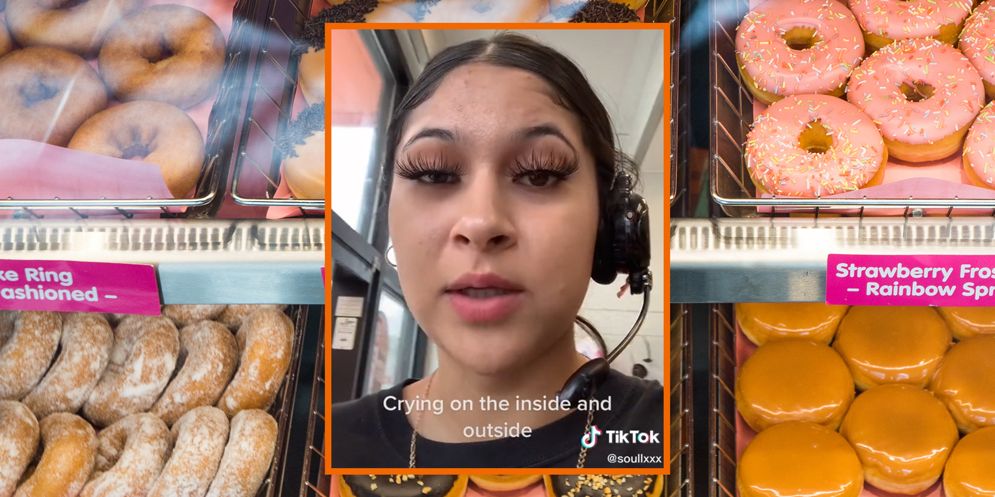 young woman with caption "crying on the inside and outside" over donut background