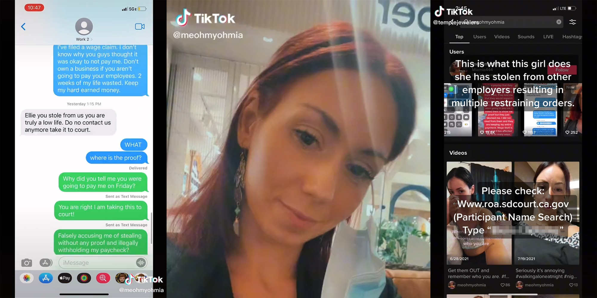 text messages (l) young woman (c) screengrab of profile with caption "This is what this girl does she has stolen from other employers resulting in multiple restraining orders. Please check: www.roa.sdcourt.ca.gov (Participant name search) Type "redacted"" (r)