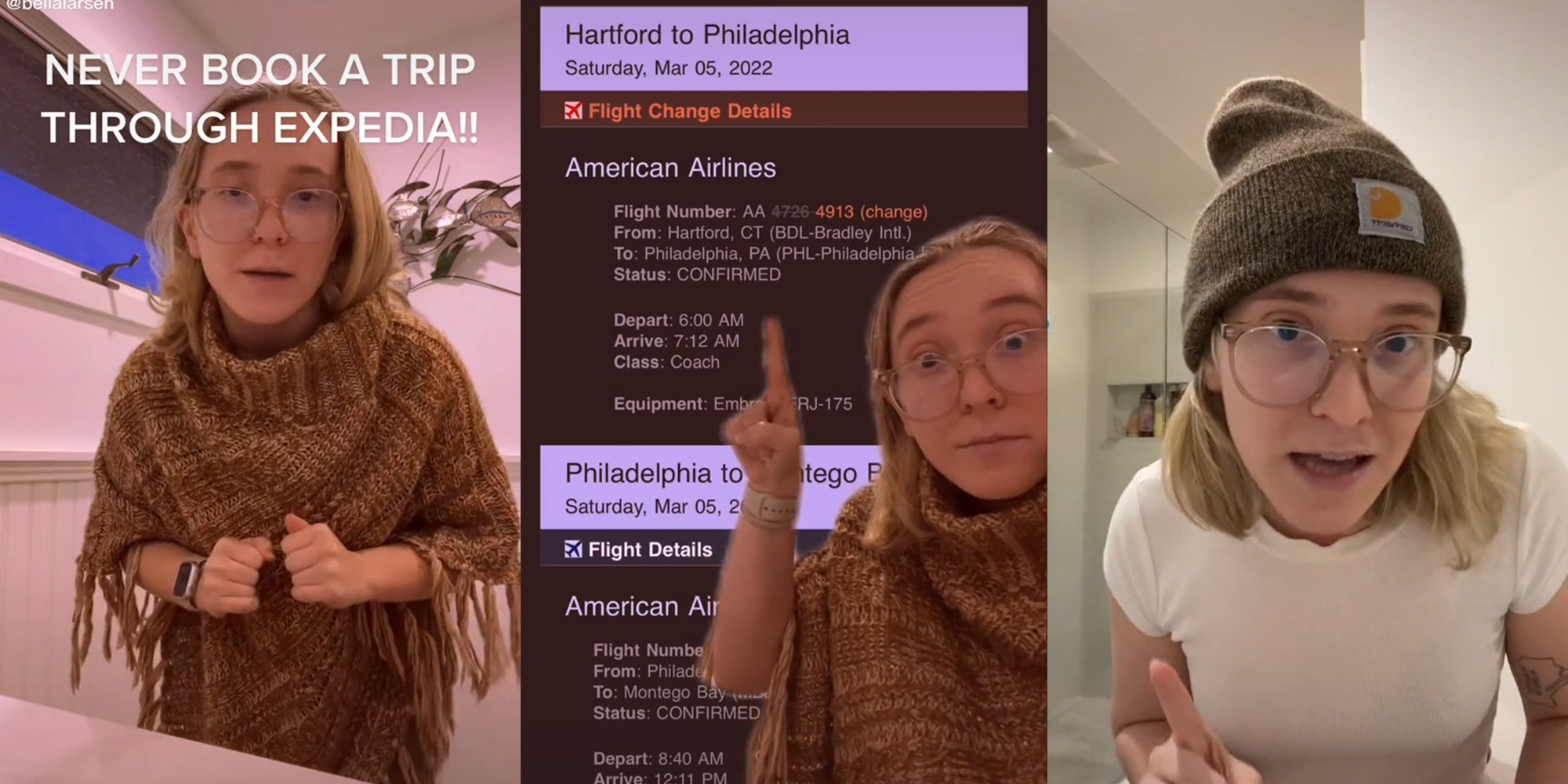young woman with caption "Never book a trip through expedia" (l) pointing at flight booking (c) speaking with hat on (r)