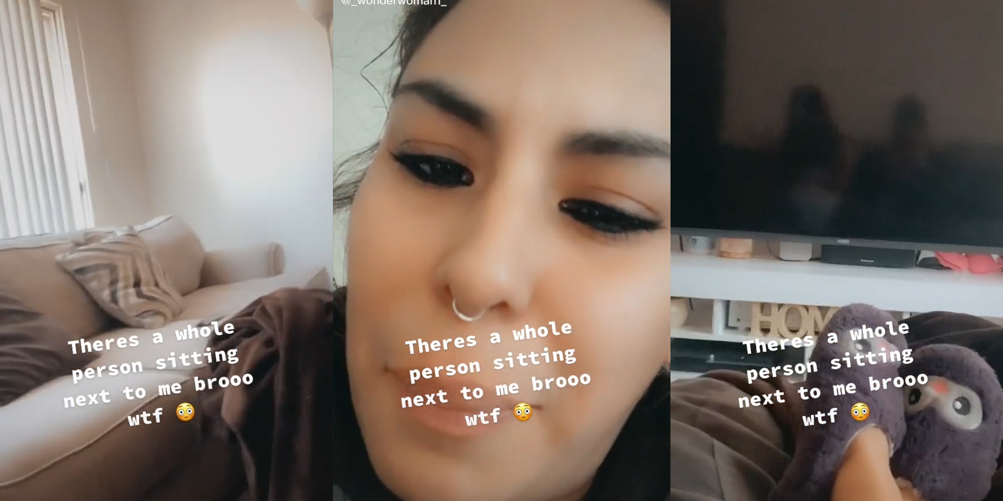 woman sitting alone in living room, television reflection shows person next to her with caption "theres a whole person sitting next to me brooo wtf"