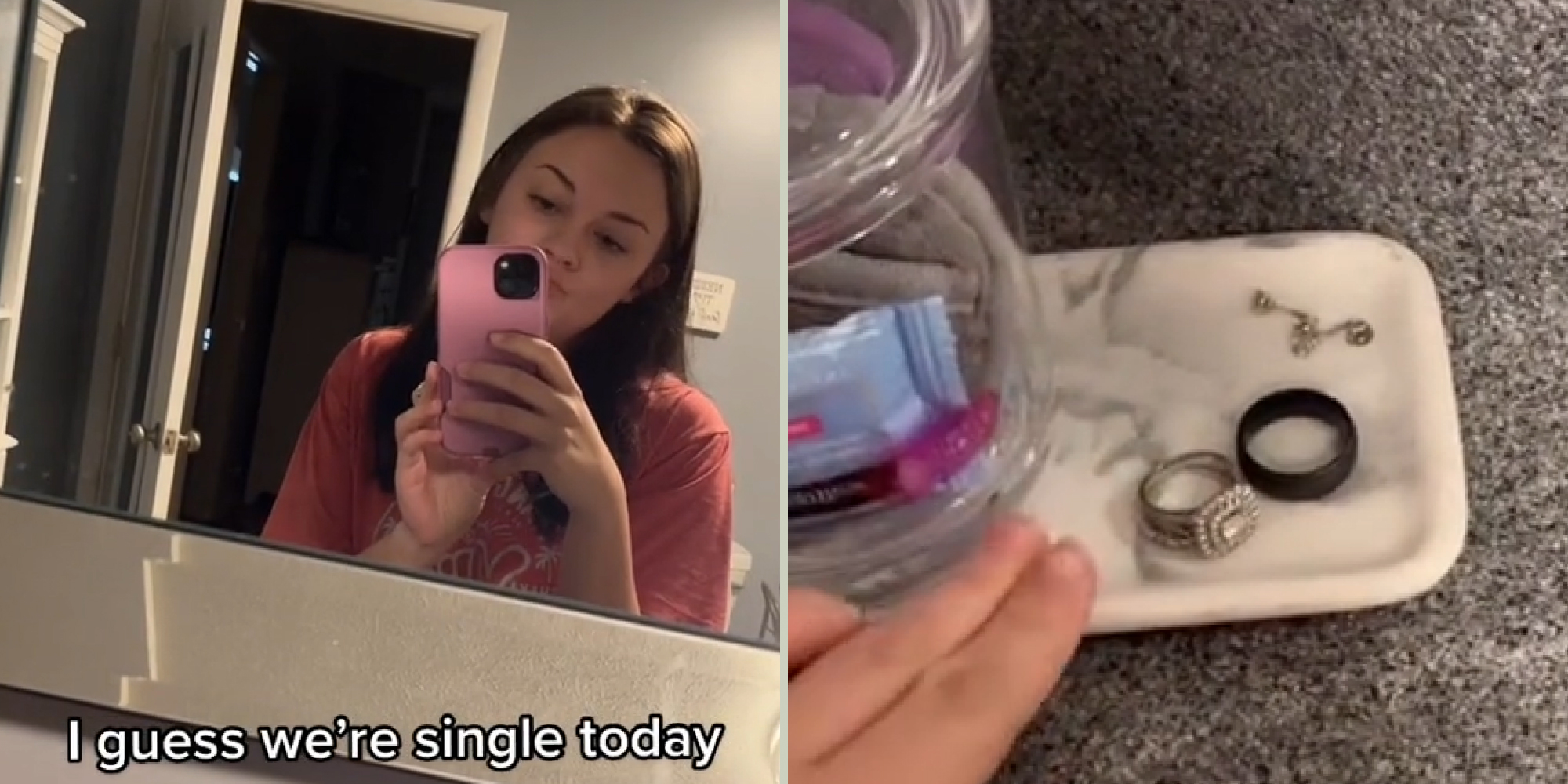 Woman recording herself in mirror caption "I guess we're single today" (l) Woman with fingers pointing to her and her husband's rings on counter of bathroom sink (r)