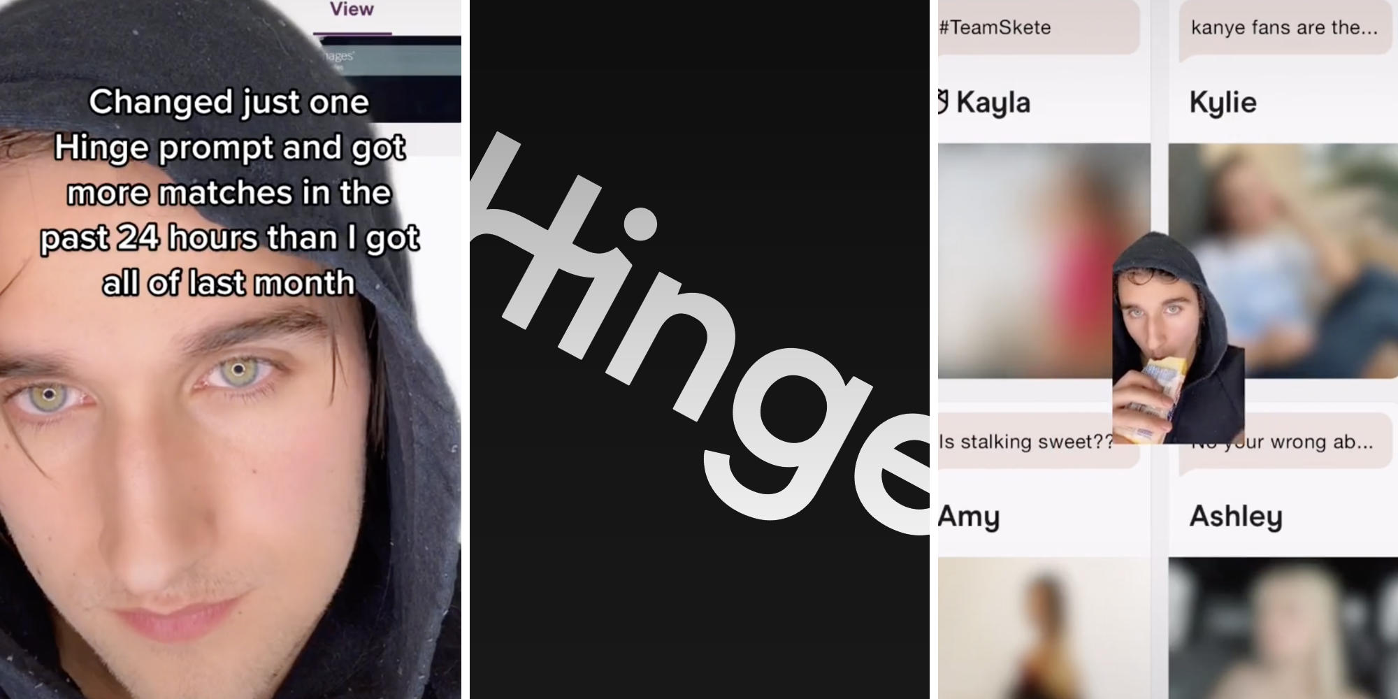 man looking at camera (l) hinge logo (m) man looking at dating app screen (r)
