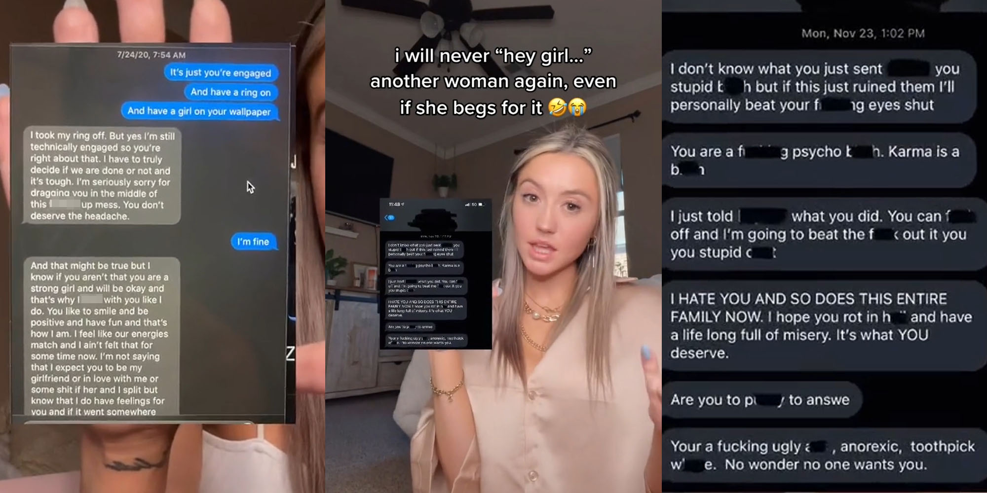 Woman holding text messages to screen with man who is engaged and he wants to cheat on his fiancé with her (l) Woman holding other messages caption "i will never "hey girl..." another woman again, even if she begs for it" (c) Up close screenshots of her messages with the man 's mom (r)