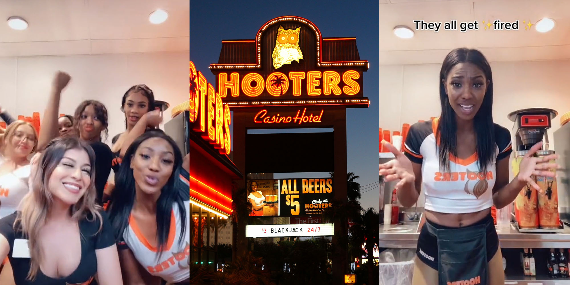 Hooters employees dancing in tiktok (l) Hooters sign and building (c) Hooters worker caption "They all got fired" (r)