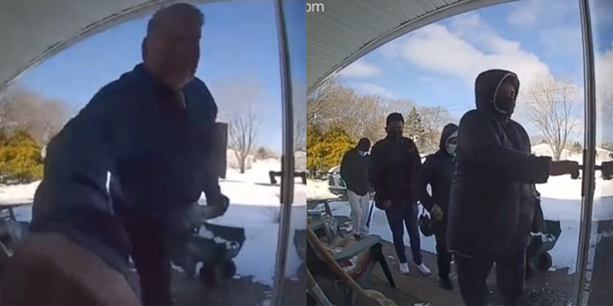 man ringing doorbell (l) people entering house (r)
