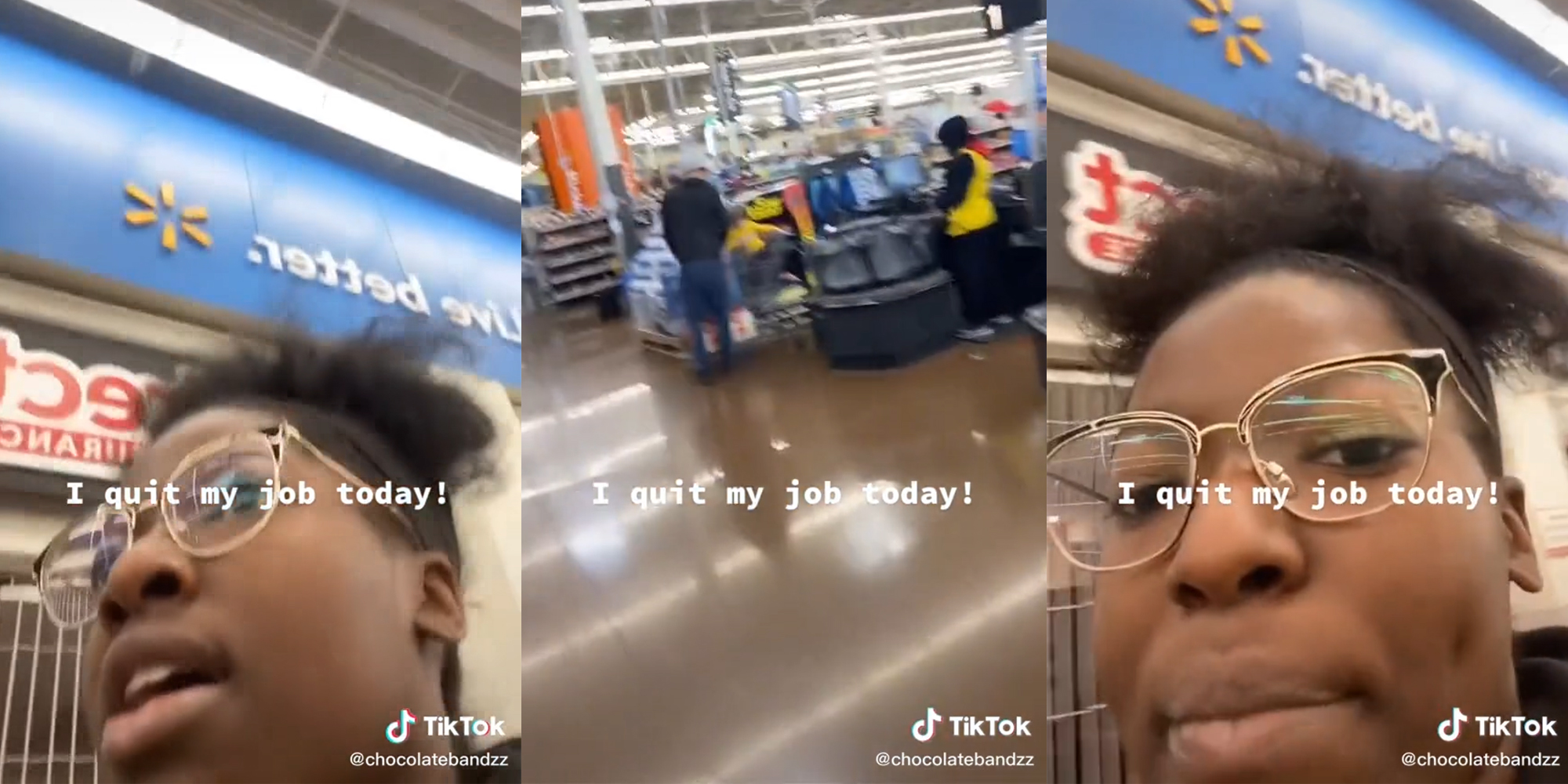 young woman walking through walmart with caption "i quit my job today!"