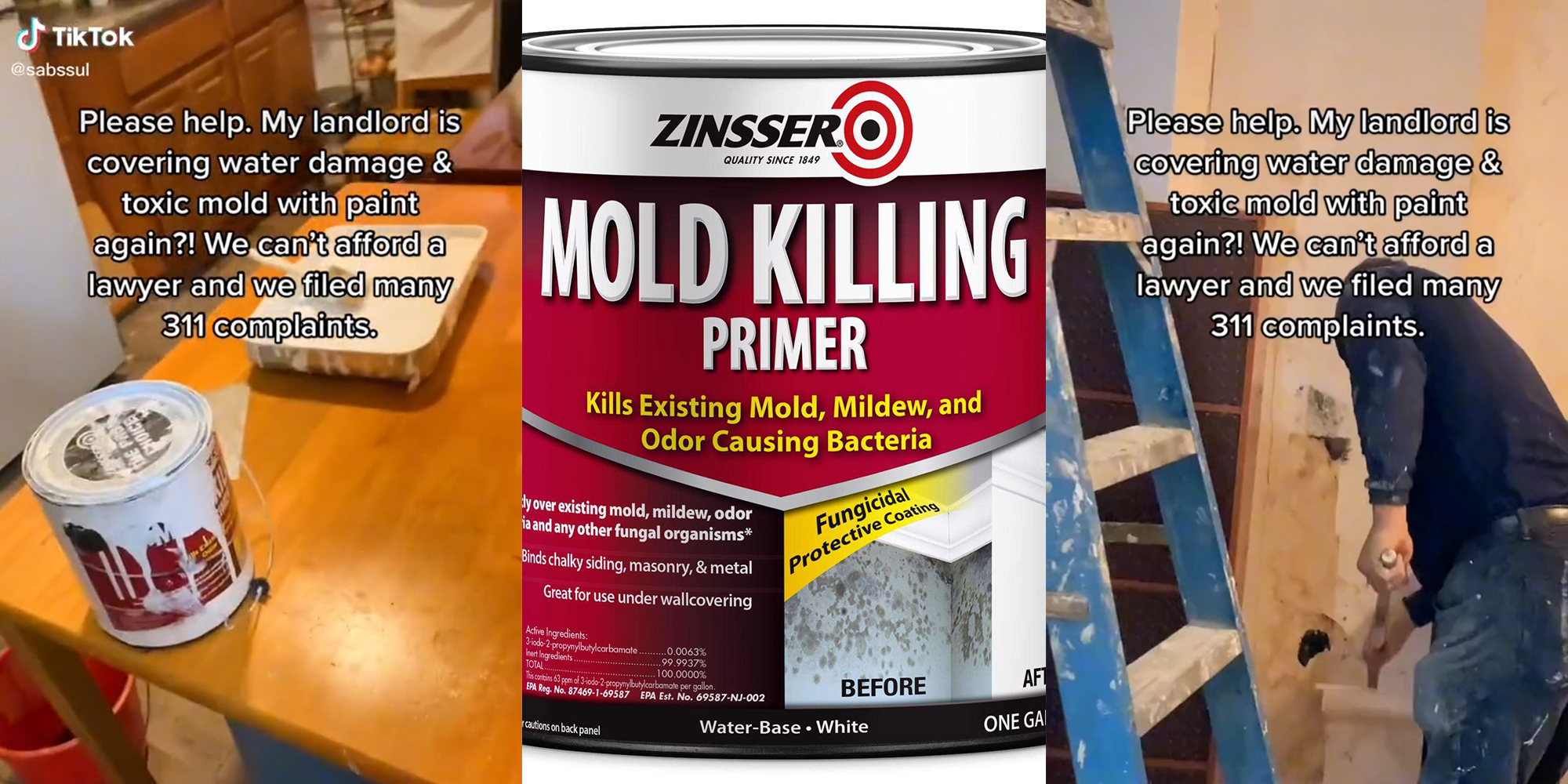 paint can and tray on table (l) zinsser mold killing primer (c) man painting wall with roller with caption "please help. my landlord is covering water damage & toxic mold with paint again?! we can't afford a lawyer and we filed many 311 complaints"
