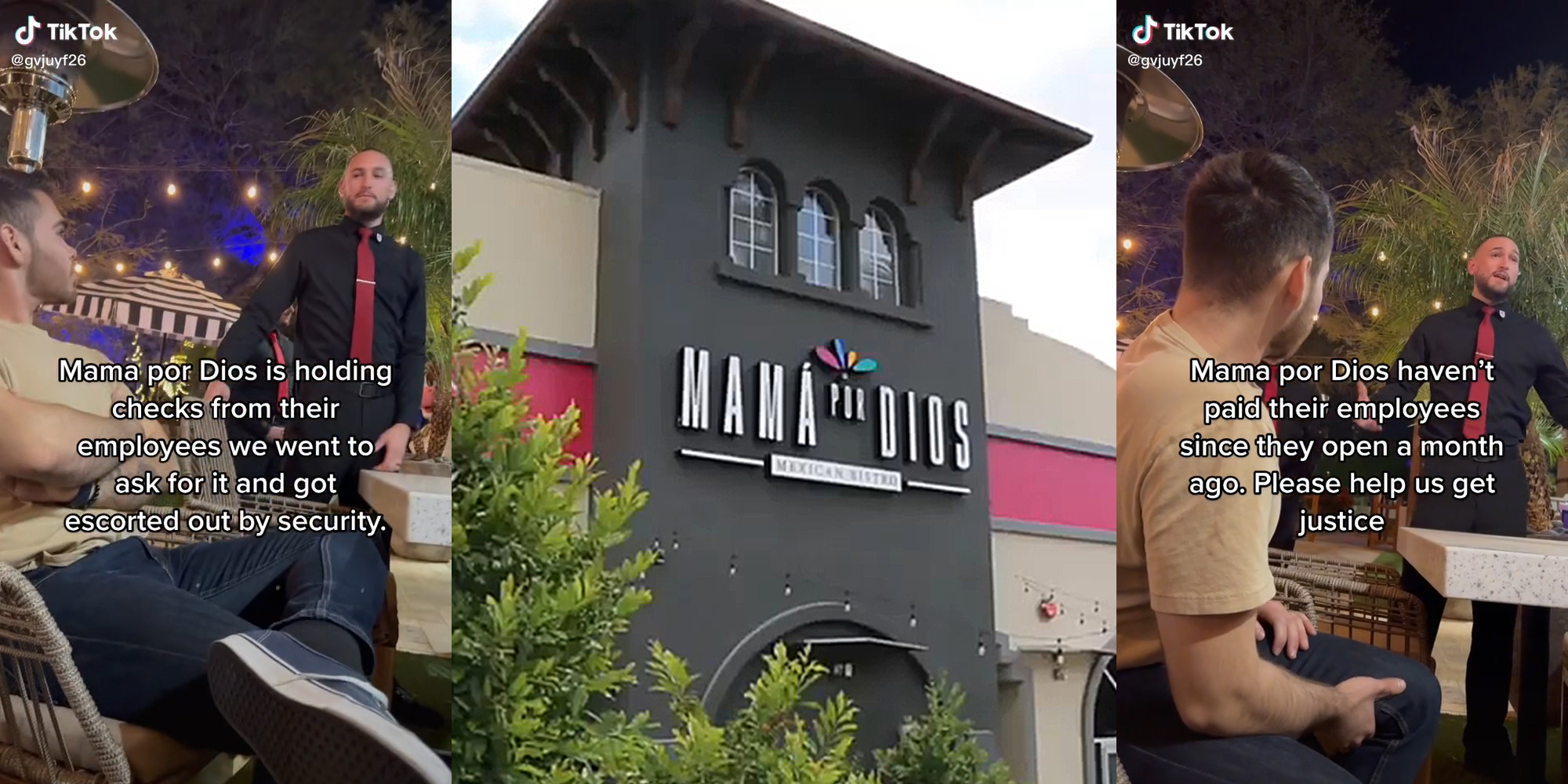 man in restaurant talking to man sitting with caption "Mama por Dios is holding checks from their employees we went to ask for it and got escorted out by security." (l&r) Mama por Dios restaurant (c)