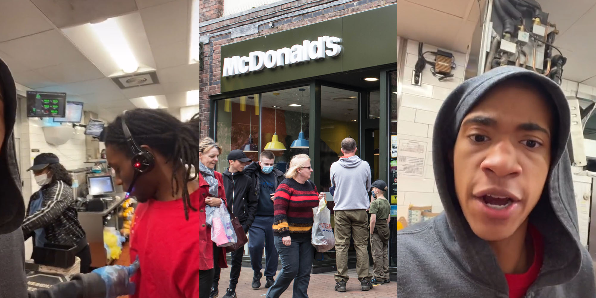 McDonald's workers working (l) McDonald's line with people outside (c) worker upset expression (r)