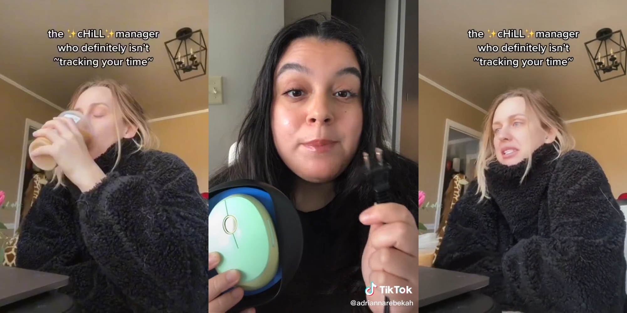woman in sweater drinking coffee with caption "the chill manager who definitely isn't tracking your time" (l & r) another woman holding a mouse jiggler