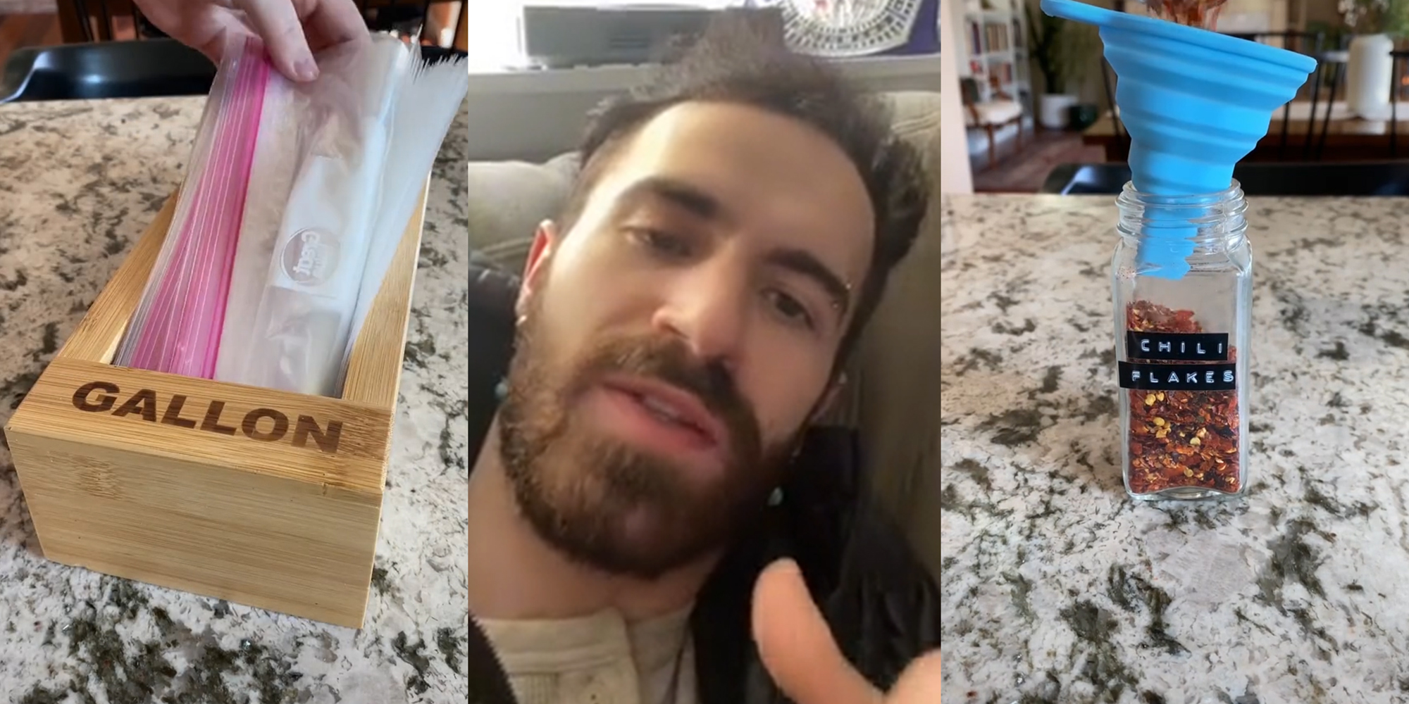 hand placing bags into box labeled "gallon" (l) man on couch (c) pouring chili flakes into container (r)